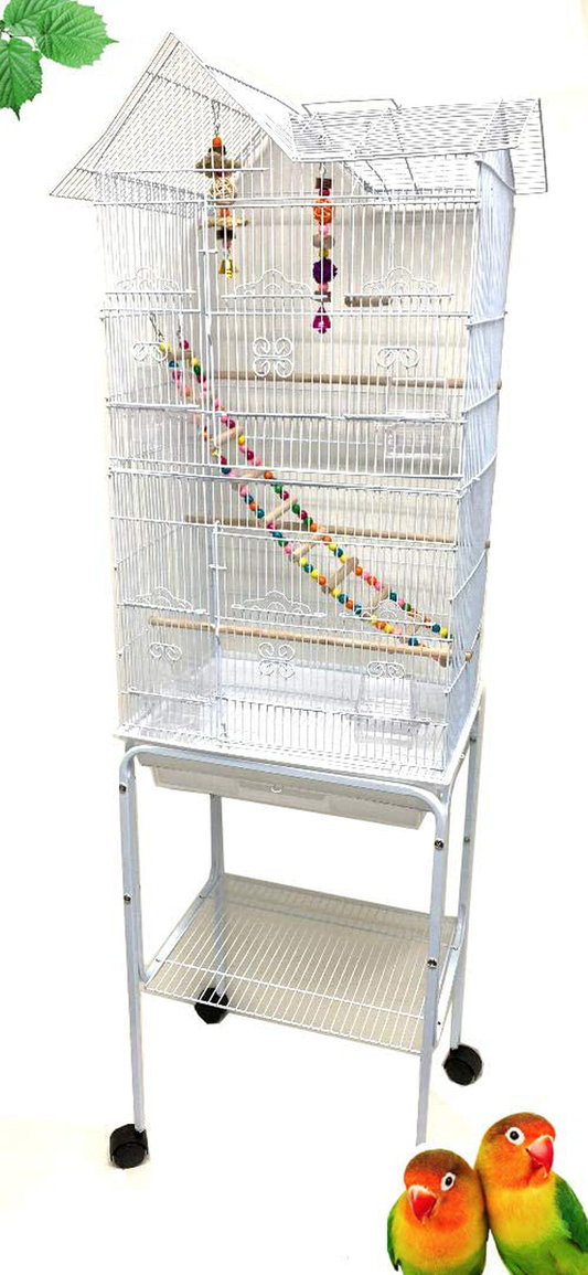 Mcage Large Canary Parakeet Cockatiel Lovebird Finch Roof Top Bird Cage with Stand -18"X14"X63" Animals & Pet Supplies > Pet Supplies > Bird Supplies > Bird Cages & Stands Mcage White With TOY  
