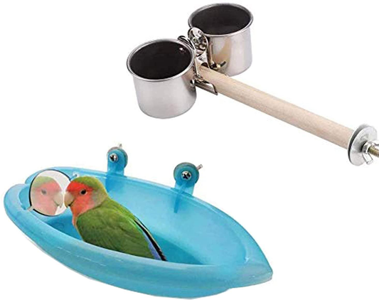 Bird Bathtub with Mirror Toy Shower Tub Bathtub Cleaning Tool Plastic Durable Adorable Odorless for Small Parrot Parakeet Cockatiel Conure Lovebird Finch Budgie Canary Cage Accessories Animals & Pet Supplies > Pet Supplies > Bird Supplies > Bird Cage Accessories Litewood A+Perch+Feeder  