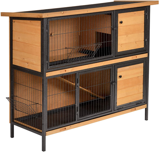 Pawhut 48" 2-Floor Large Rabbit Hutch Wooden Pet House Metal Frame Bunny Cage Small Animal Habitat with Ramp Feeding Trough Lockable Doors Run Asphalt Roof for Outdoor Use Animals & Pet Supplies > Pet Supplies > Small Animal Supplies > Small Animal Habitats & Cages PawHut   