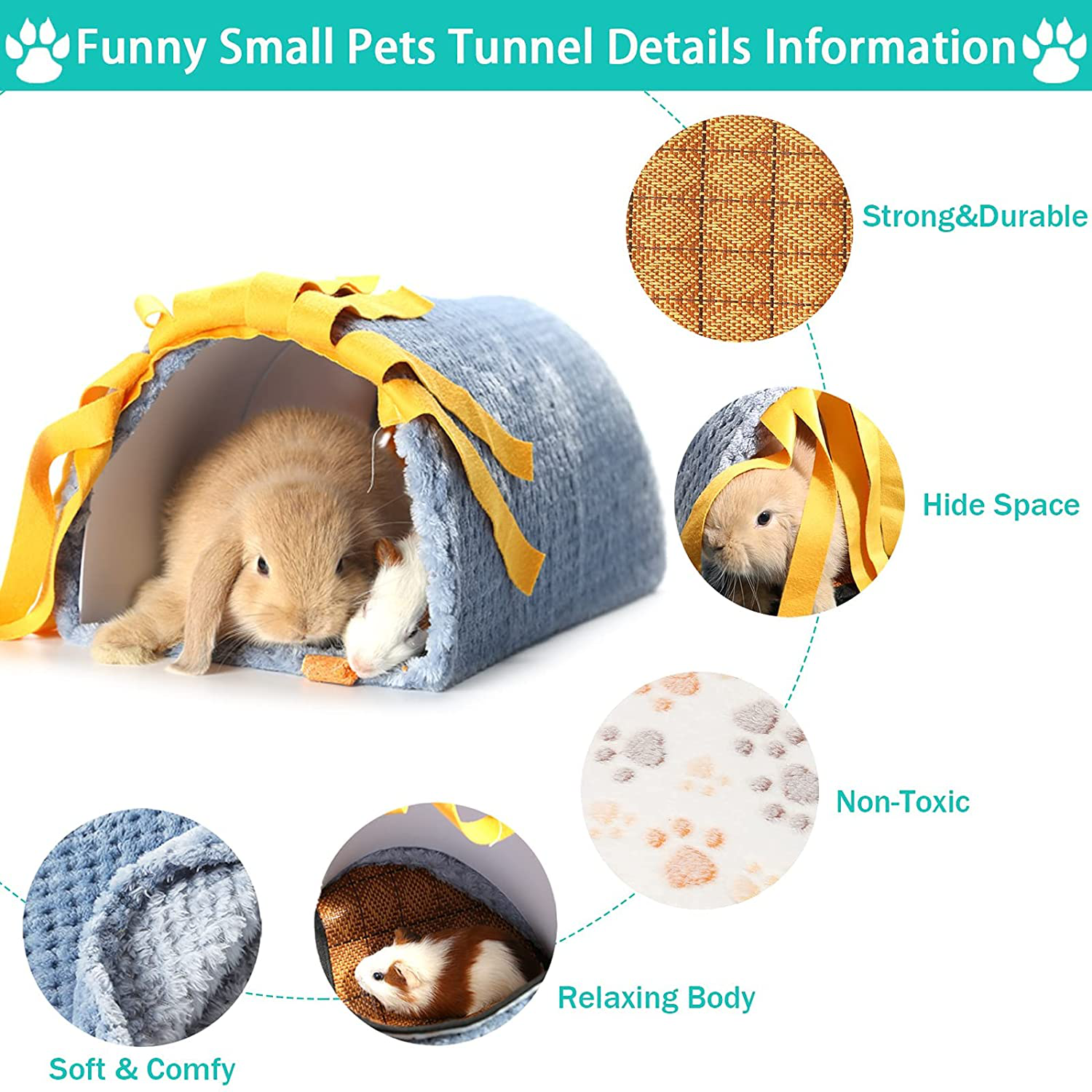 Ephoria Small Animal Tunnel House,Hideout Cage Guinea Pig Tube Toys Playing Sleeping Resting Plush Nest Habitats for Guinea Pig Rabbit Bunny Chinchillas Hedgehogs Rats with a Dual-Purpose Mat, Blue