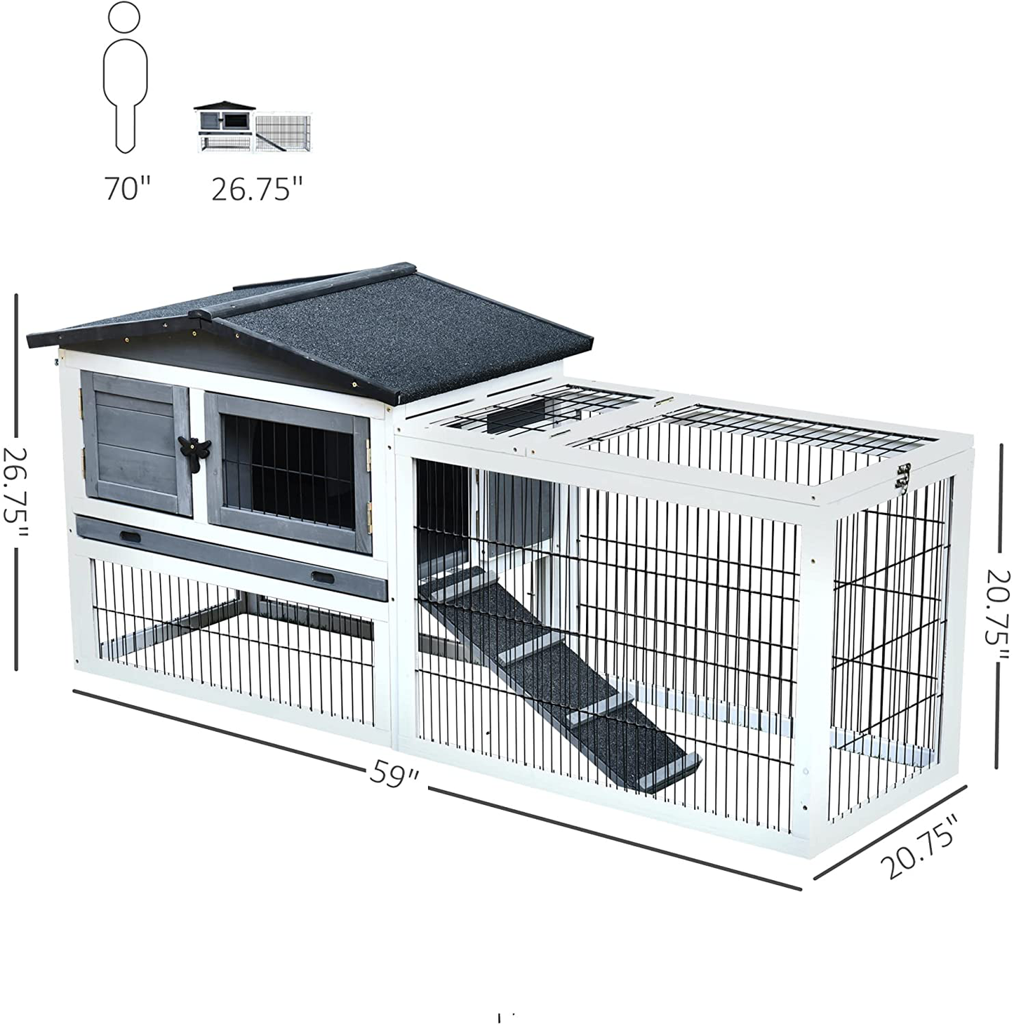 Pawhut Fir Wood Rabbit Hutch with 2 Story Design, Bunny Cage Run with Patio, Asphalt Roof and Pull Out Tray, Grey Animals & Pet Supplies > Pet Supplies > Small Animal Supplies > Small Animal Habitats & Cages PawHut   