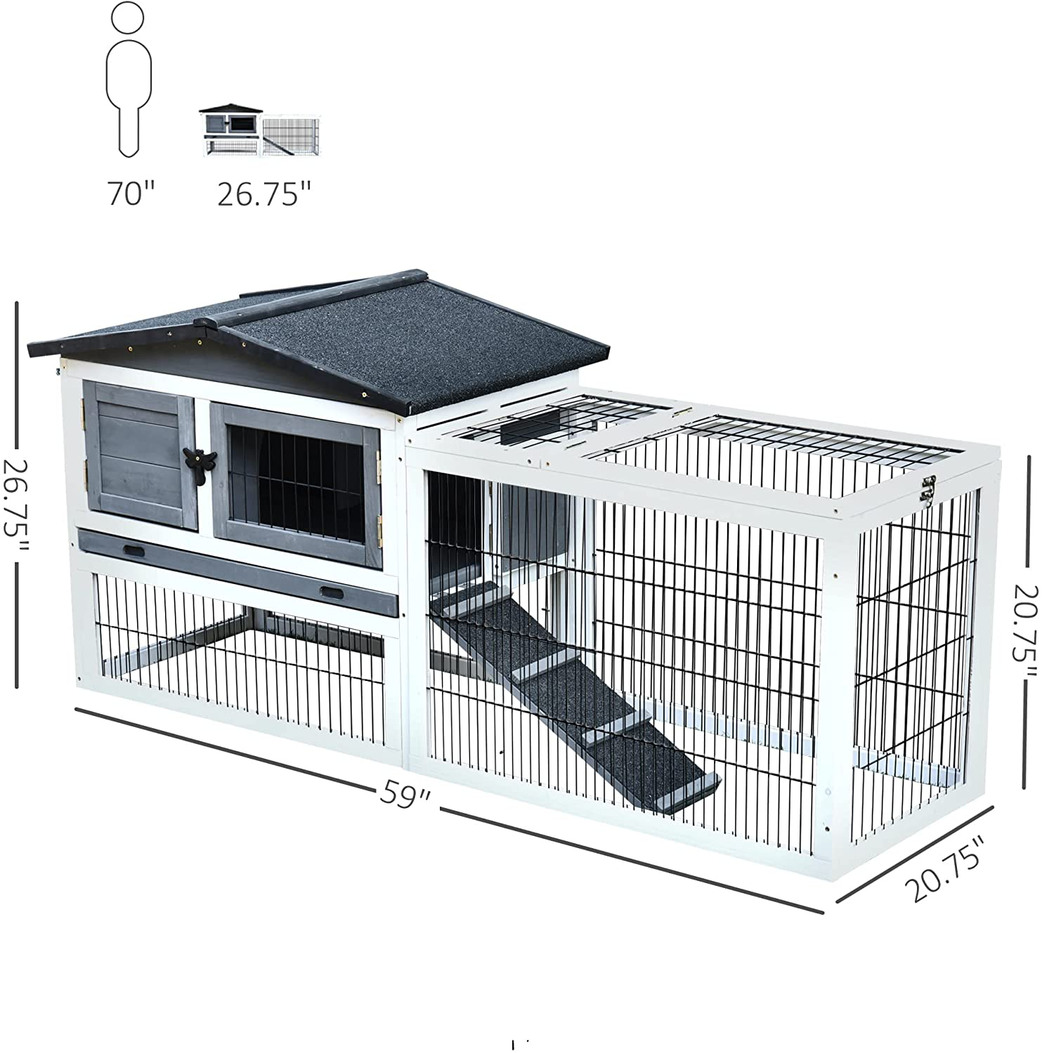 Pawhut Fir Wood Rabbit Hutch with 2 Story Design, Bunny Cage Run with Patio, Asphalt Roof and Pull Out Tray, Grey Animals & Pet Supplies > Pet Supplies > Small Animal Supplies > Small Animal Habitats & Cages PawHut   