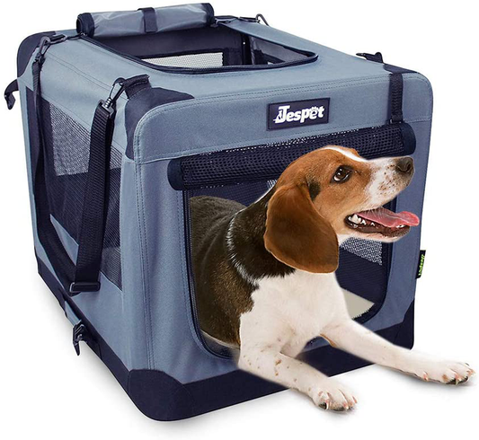 JESPET Soft Pet Crates Kennel 26", 30" & 36", 3 Door Soft Sided Folding Travel Pet Carrier with Straps and Fleece Mat for Dogs, Cats, Rabbits, Indoor/Outdoor Use with Grey, Blue & Beige, Black Animals & Pet Supplies > Pet Supplies > Dog Supplies > Dog Kennels & Runs JESPET Grey 36"L x 24"W x 27"H 