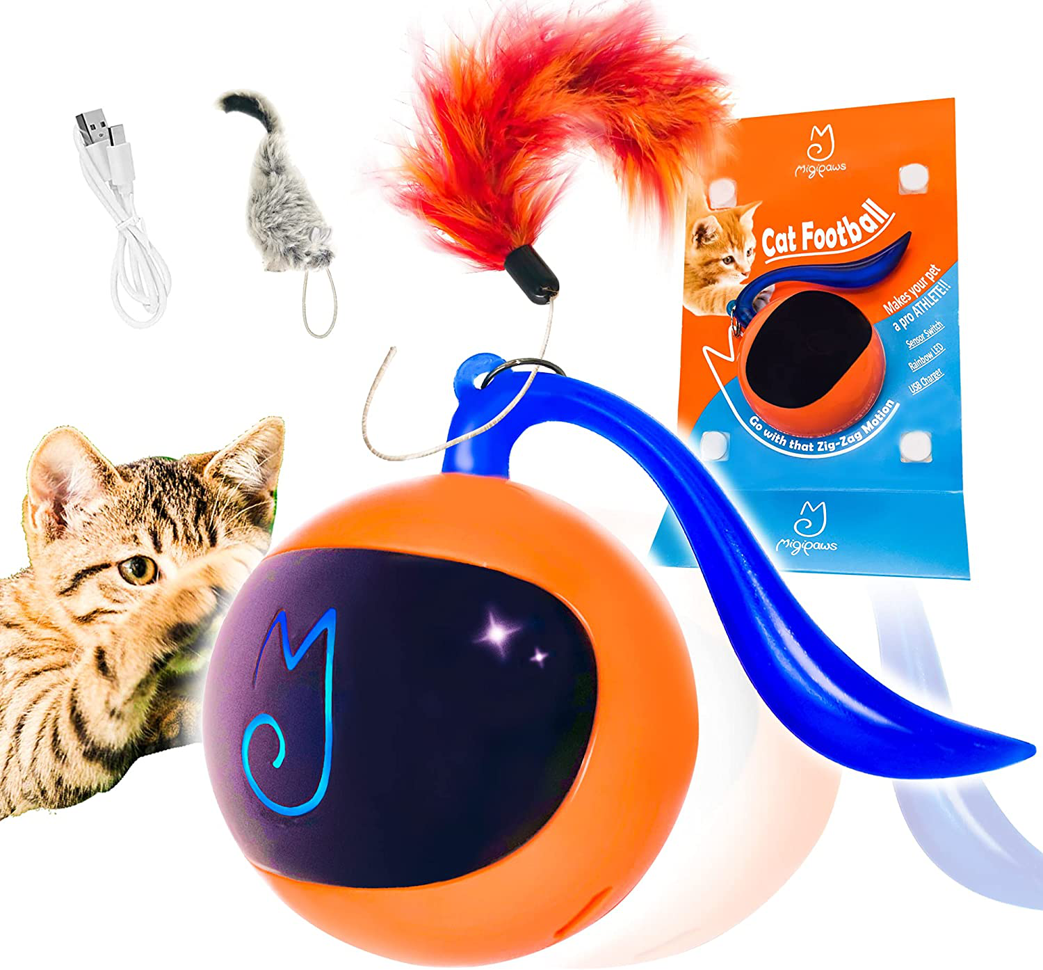 Migipaws Cat Toys, Automatic Moving Ball Bundle Classic Mice + Feather Kitten Toys in Pack. DIY N in 1 Pets Smart Electric Teaser, USB Rechargeable (White) Animals & Pet Supplies > Pet Supplies > Cat Supplies > Cat Toys Migipaws Orange  