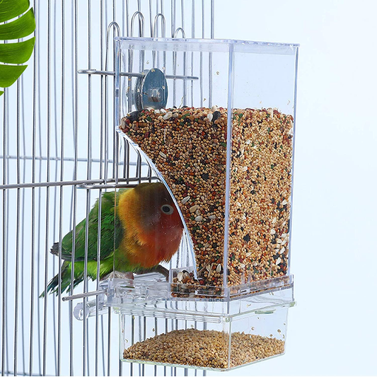 Hamiledyi No Mess Bird Cage Feeder Automatic Parrot Seed Feeders with Perch Acrylic Transparent Seed Food Container Cage Accessories for Small and Medium Parakeets Cockatiels Lovebirds