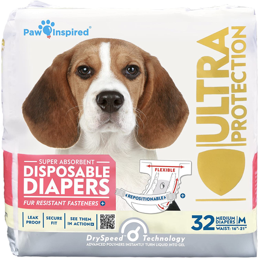 Paw Inspired Disposable Dog Diapers | Female Dog Diapers Ultra Protection | Diapers for Dogs in Heat, Excitable Urination, or Incontinence Animals & Pet Supplies > Pet Supplies > Dog Supplies > Dog Diaper Pads & Liners Paw Inspired Medium (32 Count)  
