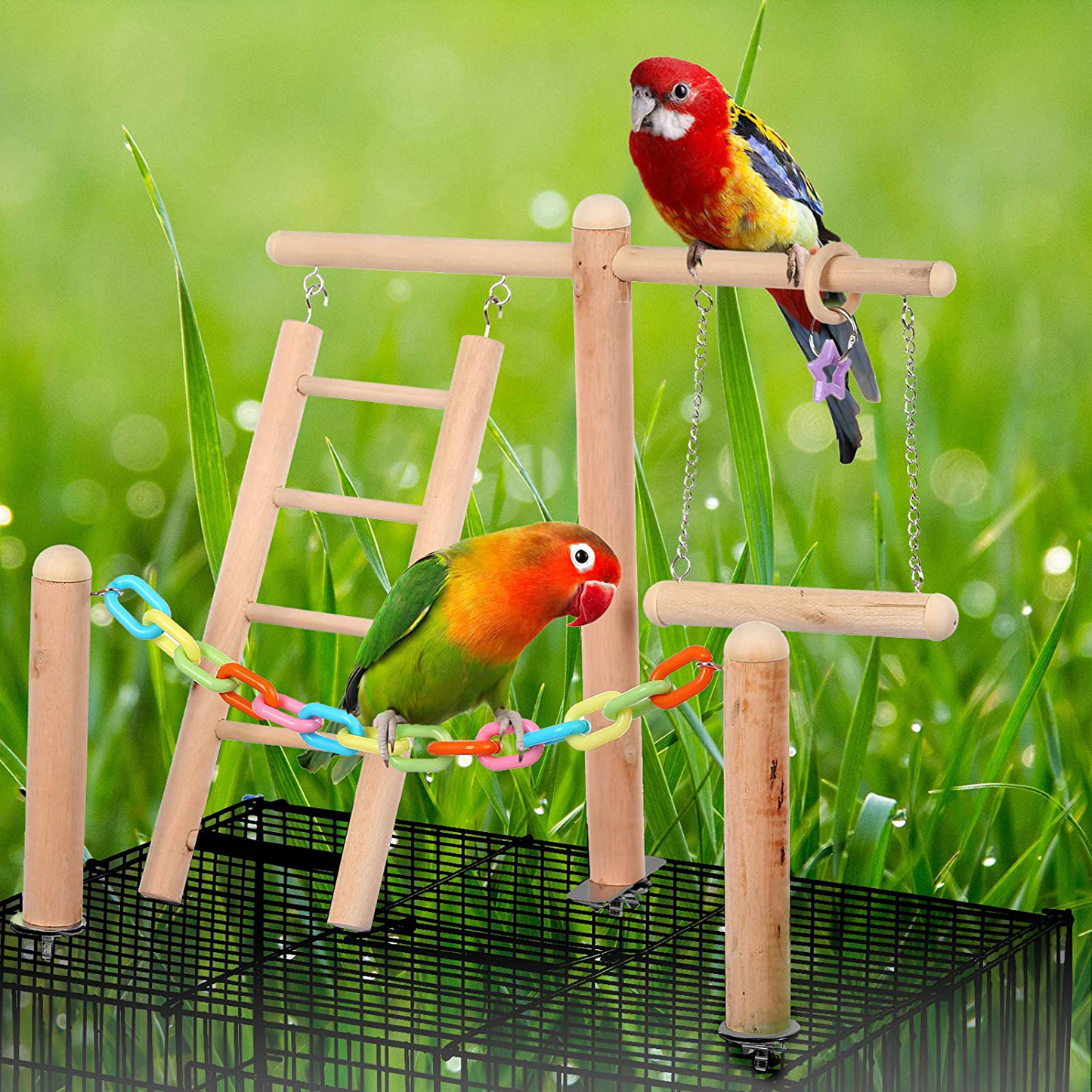 SAWMONG Wooden Bird Play Stand Perch Set, Training Stand with Climbing Ladder, Parrot Playground Birdcage Swing Toy for Parakeets, Cockatiel Animals & Pet Supplies > Pet Supplies > Bird Supplies > Bird Gyms & Playstands SAWMONG   