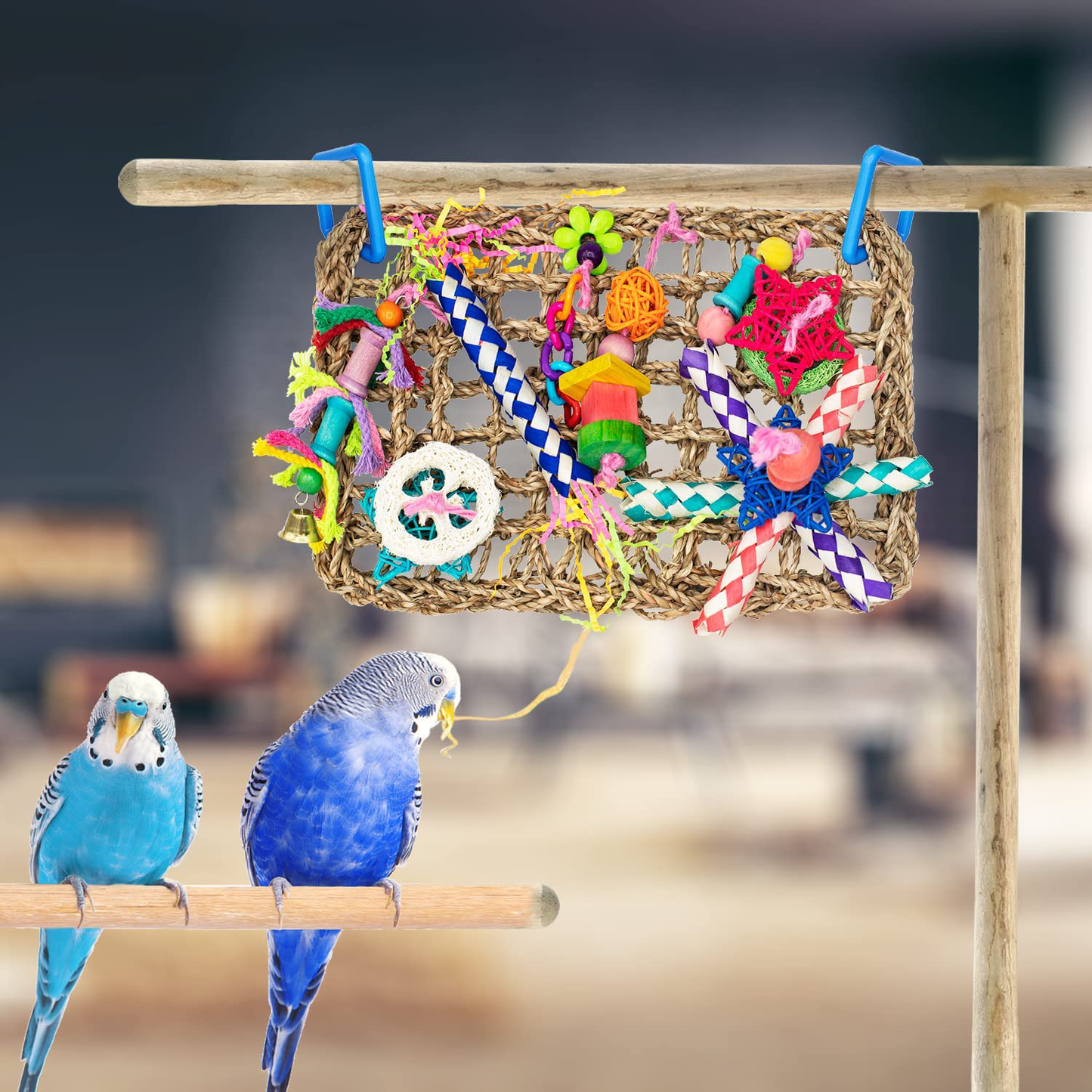 DERLOW Bird Toys Bird Foraging Wall Toy Natural Seagrass Woven Mat and Colorful Wooden Blocks Chewing Toys Bird Swing Climbing Toy, Suitable for Lovebirds Parakeets Parrot Cockatiel Animals & Pet Supplies > Pet Supplies > Bird Supplies > Bird Toys DERLOW   