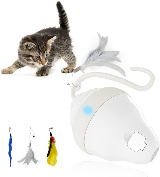 Harnestle Cat Toys Interactive Automatic Kitten Toys with Feathers Ribbon Bell Worm, USB Charging Led Light 360° Irregular Rolling Cat Moving Toys for Indoor Cats Exercise and Hunting