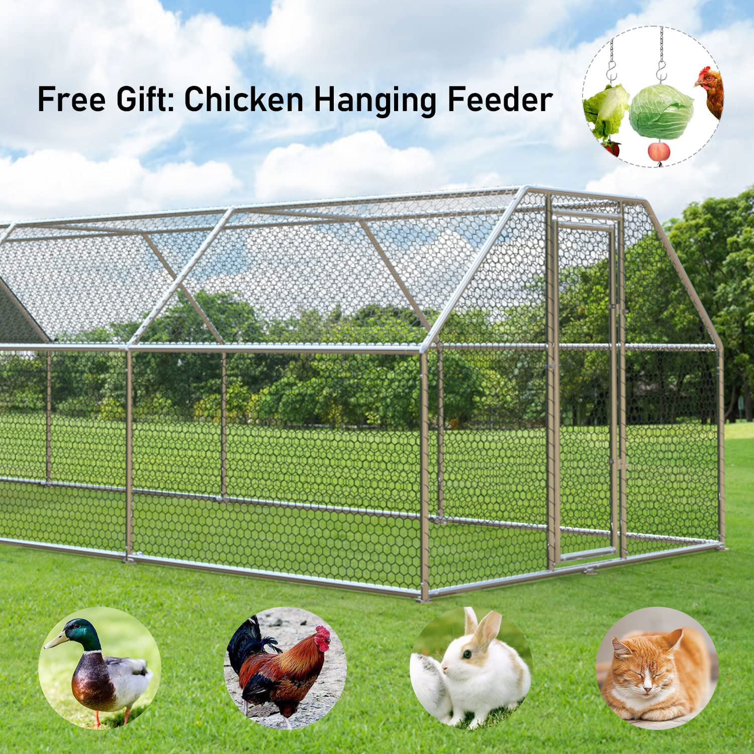 Large Metal Chicken Coop Run Walk-In Poultry Cage Chicken Run House Pen Rabbits Cage Flat Roofed Coop with Waterproof and Anti-Ultraviolet Cover for Outdoor Yard Farm Use Animals & Pet Supplies > Pet Supplies > Dog Supplies > Dog Kennels & Runs 4ever2buy   