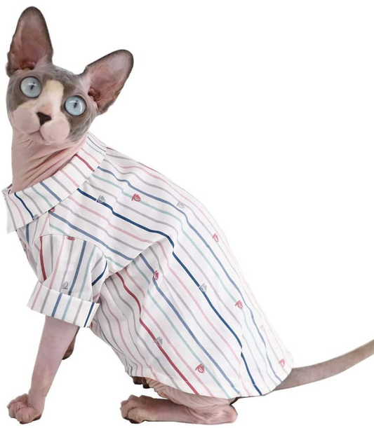 Sphynx Hairless Cat Breathable Summer Cotton Shirts Pet Clothes, Crown/Stripe/Car Pattern Button Kitten T-Shirts with Sleeves, Cats & Small Dogs Apparel Animals & Pet Supplies > Pet Supplies > Cat Supplies > Cat Apparel Kitipcoo Stripe M (5.5-7.1 lbs) 