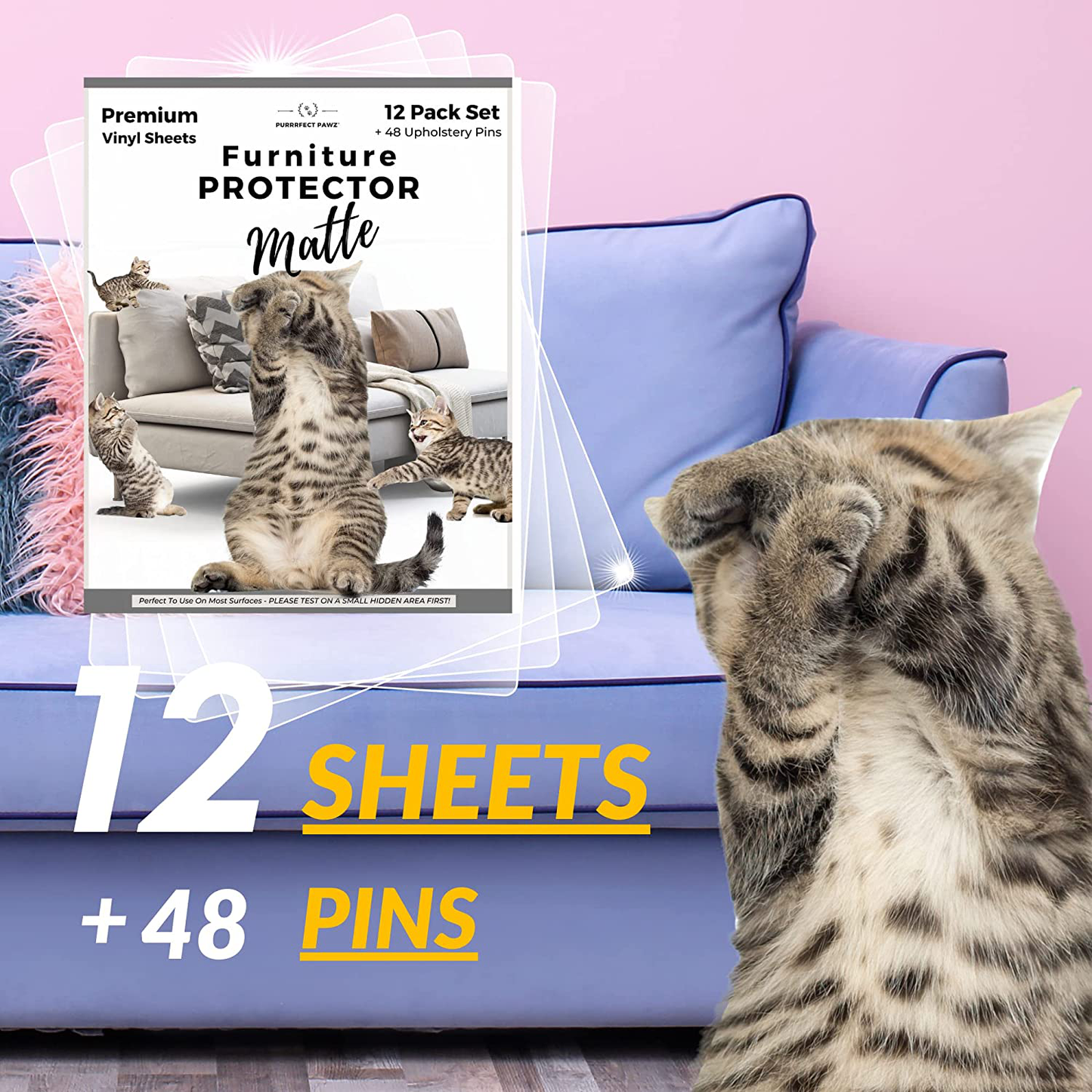 PURRRFECT PAWZ Matte Cat Furniture Protector - 12 Pack - Cat Scratch Deterrent, Cat Sofa Protector to Prevent Cat Scratching, Furniture Protectors from Cats, Stop Cats from Scratching Furniture