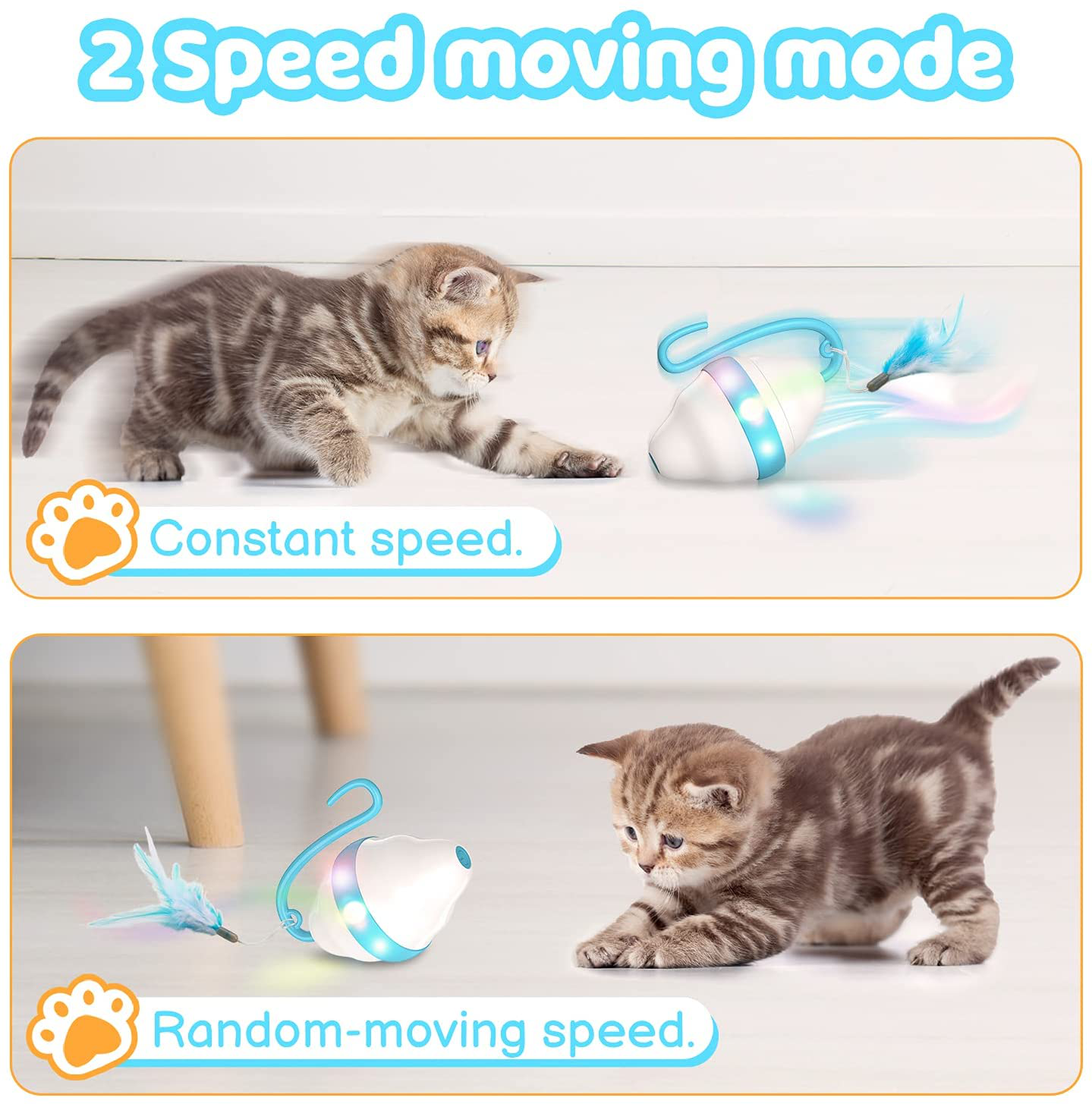 Moving Cat Toys Rolling Mouse Interactive Cat Exercise Toys with 5 Feathers USB Charging 2 Speeds Mode Colorful LED Light Automatic 360° Self Rotating Low Noise for Indoor Cats Kitten Animals & Pet Supplies > Pet Supplies > Cat Supplies > Cat Toys Fenxtoy   