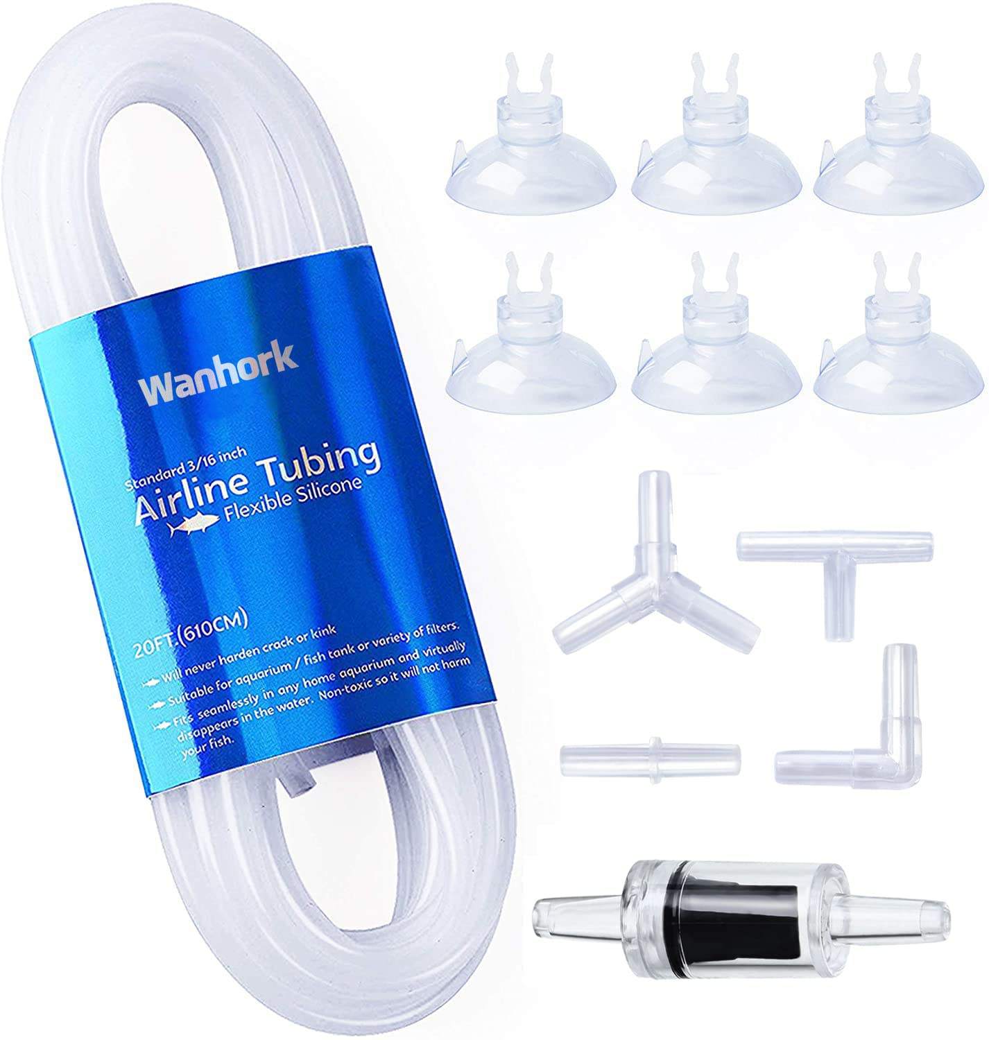 Wanhork 3/16" Professional Flexible Airline Tubing Standard Aquarium Air Pump Accessories with Check Valves, Suction Cups and Connectors, 20 Feet Animals & Pet Supplies > Pet Supplies > Fish Supplies > Aquarium & Pond Tubing Wanhork Clear-01  