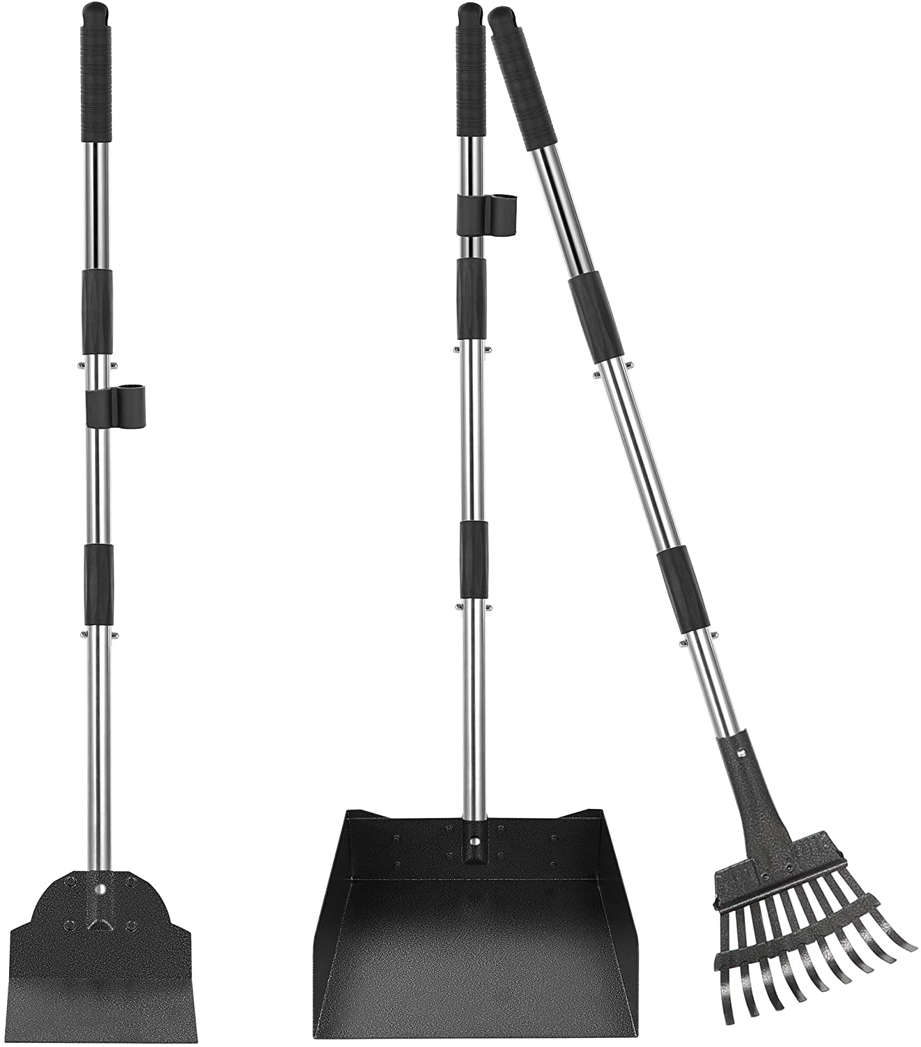 FEANDREA Big Pooper Scooper, for Large, Small Dogs, 3-Piece Rake Tray and Spade Set, Easy to Clean, Adjustable Long Handle, Steel, for Pets Lawn Grass Dirt Gravel, Black and Silver UPPP102B01