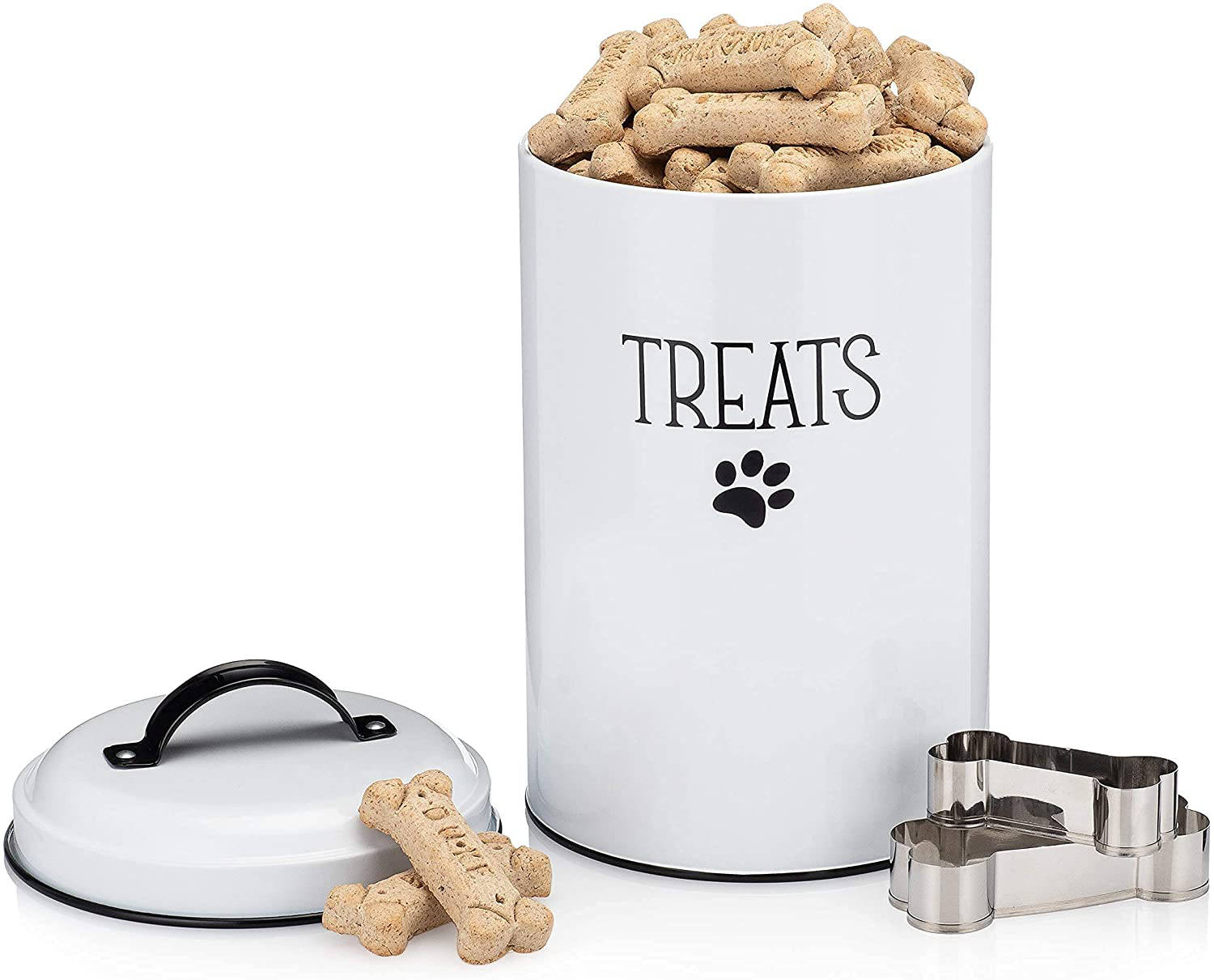 JRW DESIGN White Dog and Cat Treat Container plus 2 Bone-Shaped Cookie Cutters - Farmhouse Dog Treat Holder Jar - Durable Dog Biscuit Tin Canister, Great Gift for Pet Owners - Stylish Dog Treat Jar Animals & Pet Supplies > Pet Supplies > Bird Supplies > Bird Treats JRW Design   