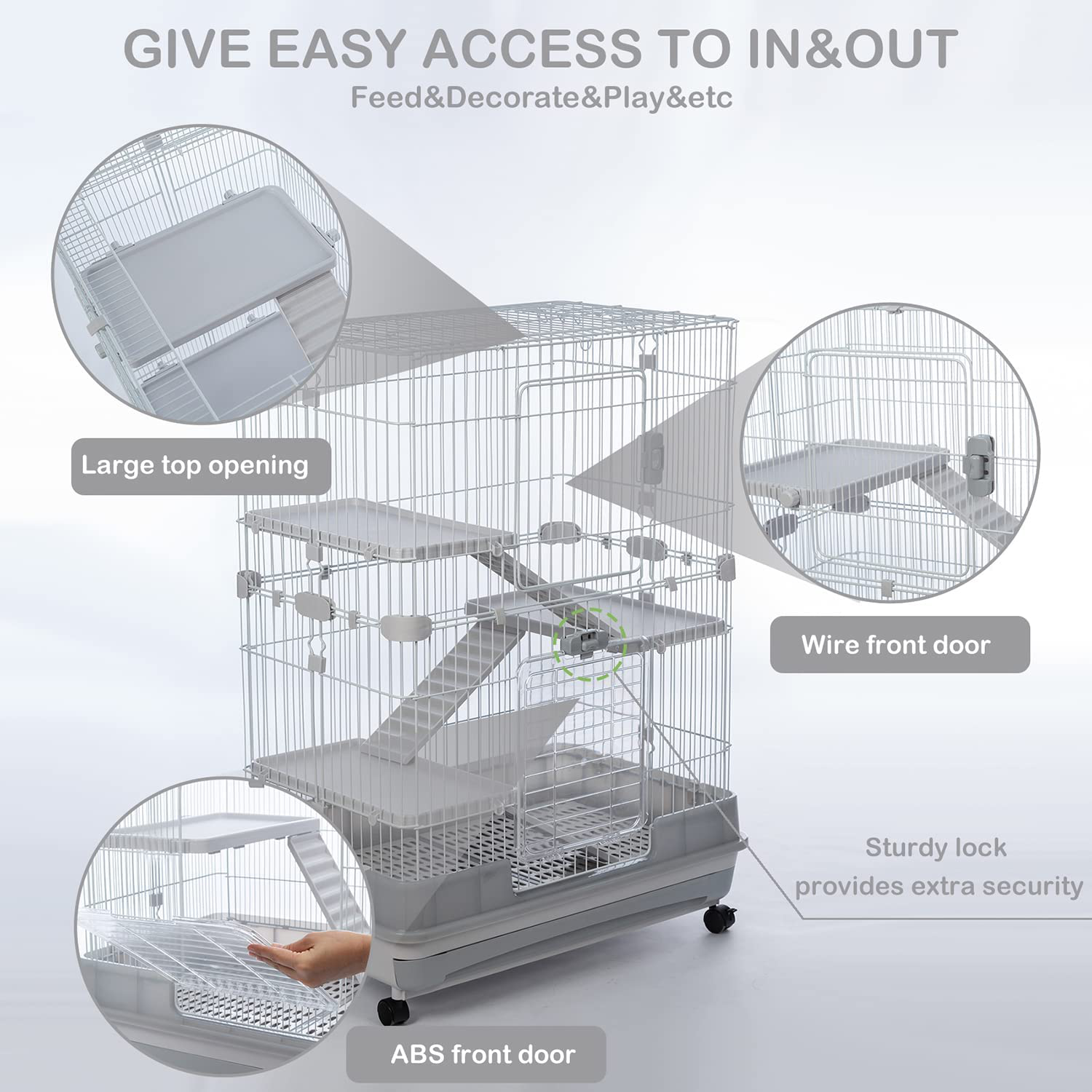 Runmade 4-Tier 32" Small Animal Metal Cage Height Adjustable Cage with Lockable Casters Grilles Pull-Out Tray for Rabbit Chinchilla Ferret Bunny Guinea Pig Squirrel Hedgehog Animals & Pet Supplies > Pet Supplies > Small Animal Supplies > Small Animal Habitats & Cages runmade   