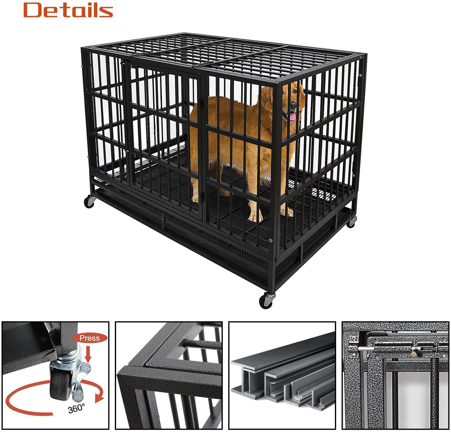 Otaid 48 Inch Heavy Duty Indestructible Dog Crate Cage Kennel with Wheels, High Anxiety Dog Crate, Sturdy Locks Design, Double Door and Removable Tray Design, Extra Large XL XXL Dog Crate.