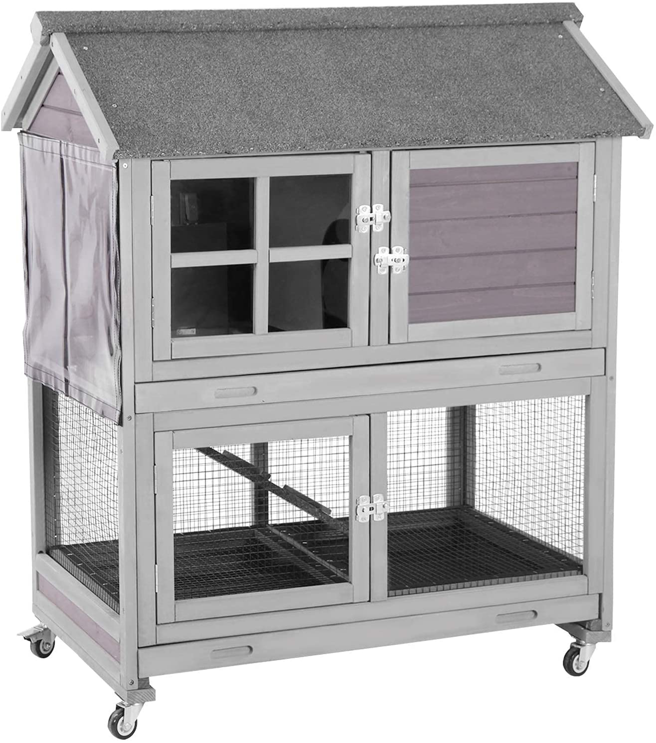 Rabbit Hutch Indoor Rabbit Cage for Small Animals Outdoor Bunny Cage with Movable Wire Netting, Guinea Pig Habitat on Wheels,Pull Out Leak Proof Tray (Grey+Camel)