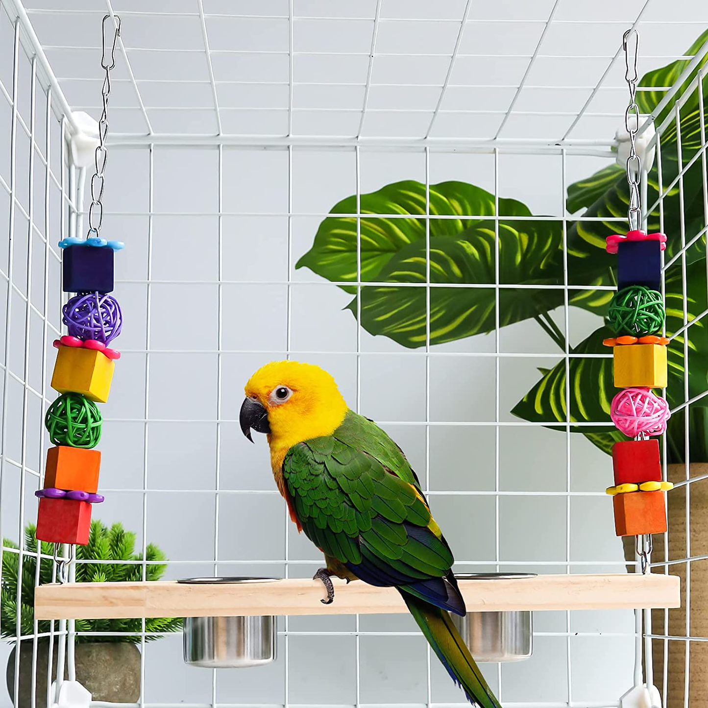 Bird Feeding Dish Cups with Parrot Perch Swing Chew Toys 4 in 1 Hanging Natural Wooden Bird Swing Stainless Steel Parrot Cage Feeder Water Bowl for Parakeet Cockatiels Lovebirds Budgie Pigeons Animals & Pet Supplies > Pet Supplies > Bird Supplies > Bird Cages & Stands KEVOTOMP   