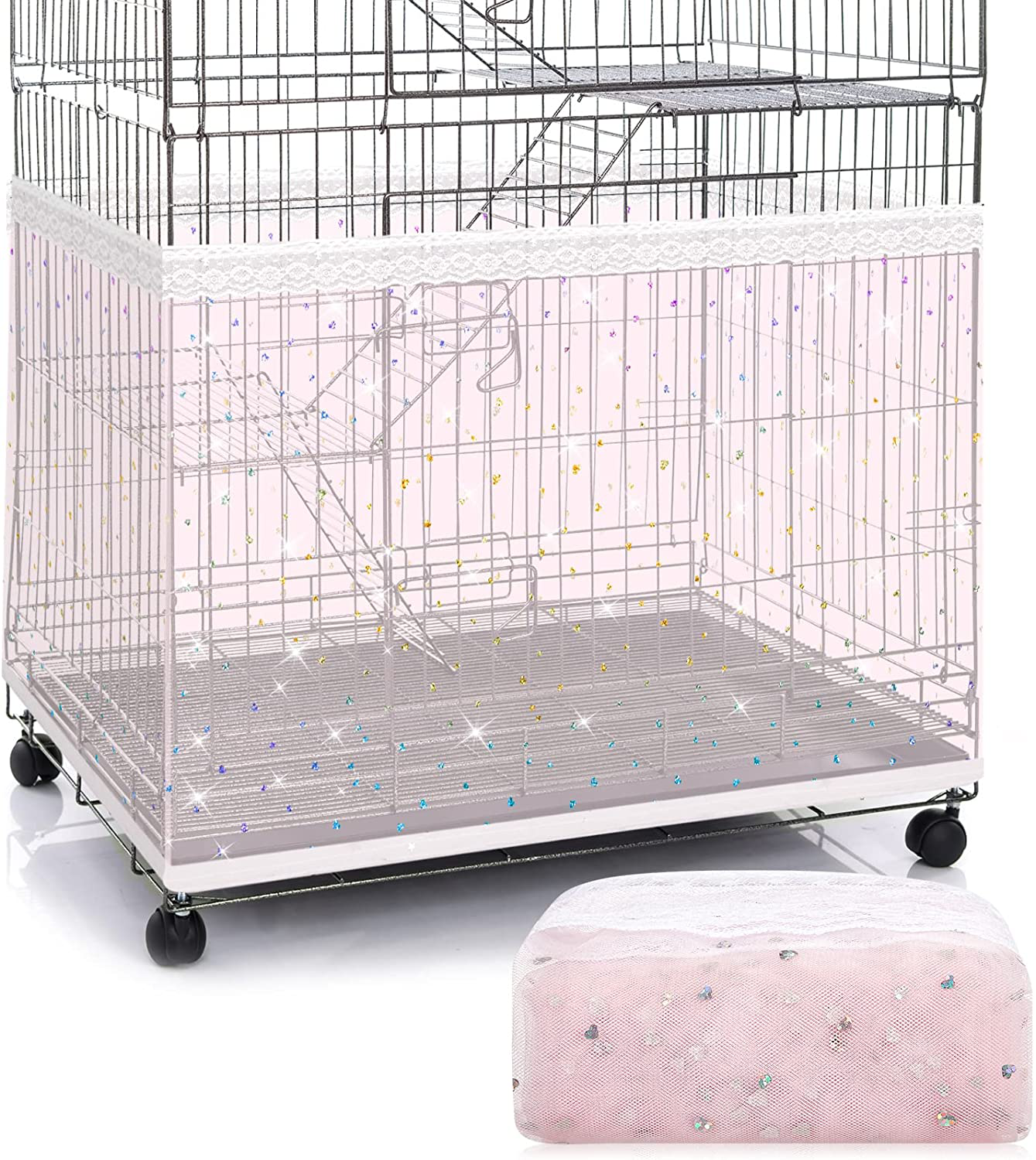Large Bird Cage Cover Birdcage Nylon Mesh Net Cover Seed Feather Catcher Twinkle Star Universal Birdcage Cover Bird Seed Guard Skirt for Parakeet Macaw African round Square Cage Animals & Pet Supplies > Pet Supplies > Bird Supplies > Bird Cage Accessories Shappy Pink X-Large 