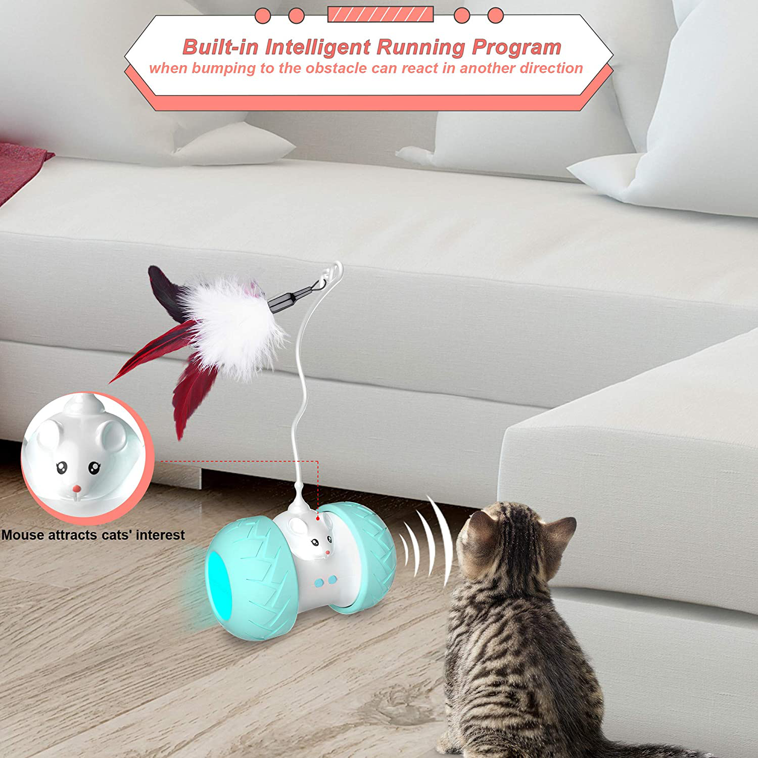 Burgeonnest Interactive Cat Toys for Indoor Cats, Automatic Kitten Toys Electronic with Mouse and 3 Feathers for Cats to Play Alone and Exercise 2 Speeds 3 Modes USB Charging Animals & Pet Supplies > Pet Supplies > Cat Supplies > Cat Toys BurgeonNest   