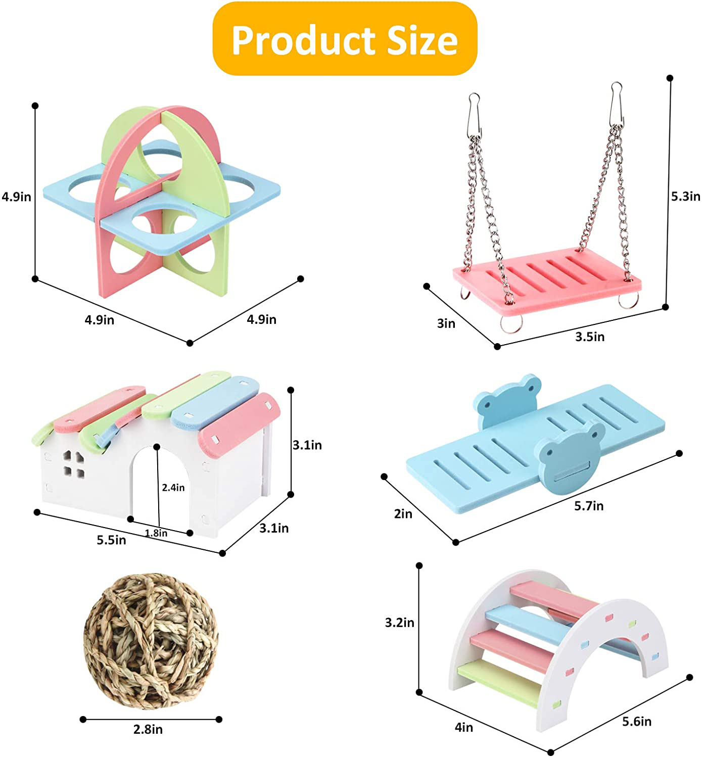 Lenpestia 6 Pieces Pet Sports Toys Set, Dwarf Hamsters House, Gerbil Hideout Rainbow Bridge, Seagrass Ball, Swing and Seesaw Syrian Hamster DIY Cage Accessories for Small Animal Habitat Animals & Pet Supplies > Pet Supplies > Small Animal Supplies > Small Animal Habitat Accessories lenpestia   