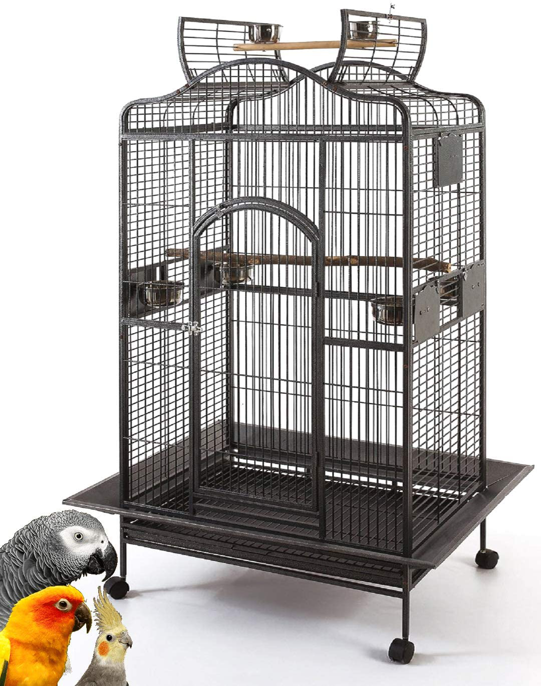 Extra Large Wrought Iron Open/Close Play Top Bird Parrot Cage, Include Metal Seed Guard Solid Metal Feeder Nest Doors Overall Dimensions: 35.25" Wx29.5 Lx62 H(With Seed Skirt) Animals & Pet Supplies > Pet Supplies > Bird Supplies > Bird Cages & Stands Mcage BlackVein 28Wx22Lx59H 