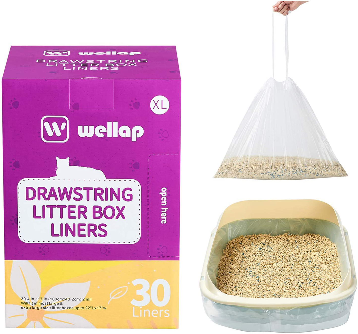 Wellap Cat Litter Box Liners Jumbo (43" X 21" Etc. 8 Sizes) Durable 30/40 Count Drawstring Kitty Litter Bags Animals & Pet Supplies > Pet Supplies > Cat Supplies > Cat Litter Box Liners wellap Transparent Unscented 39.4" x 17" (30 Count) 