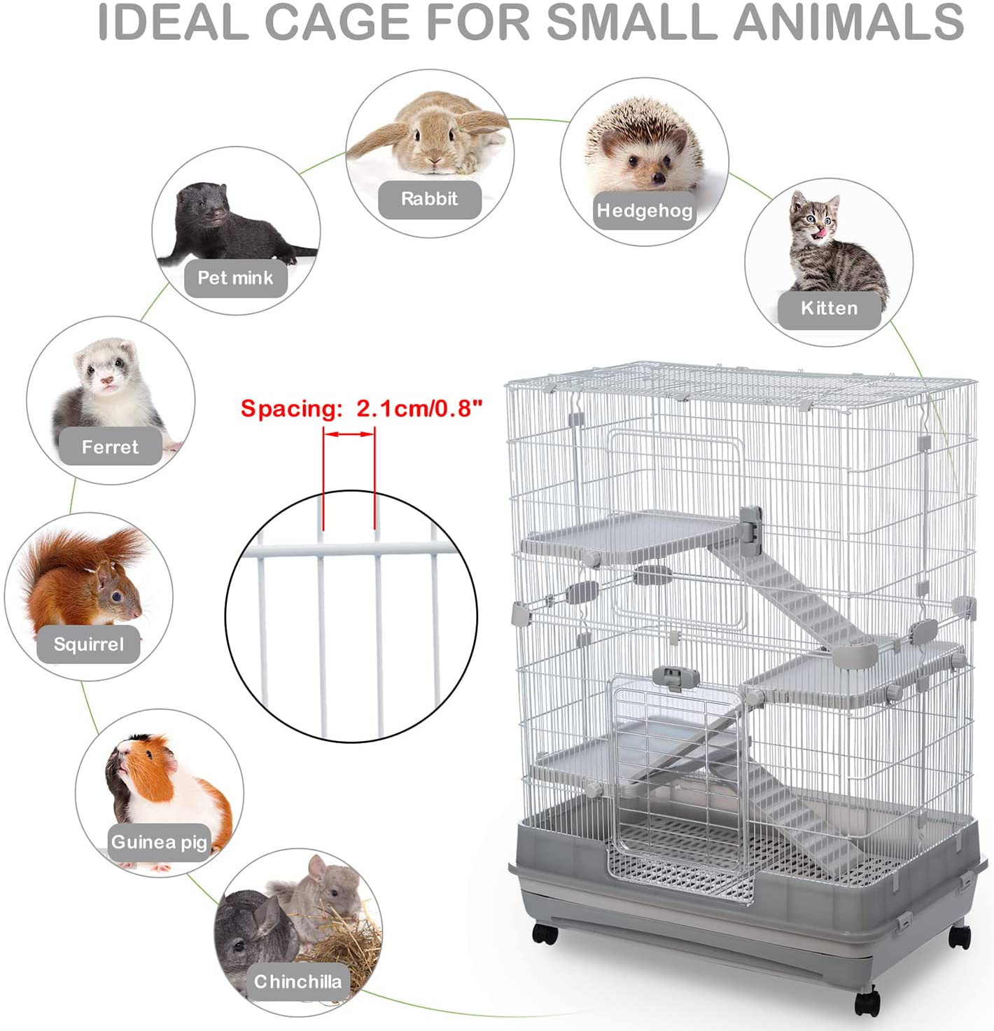 Runmade 4-Tier 32" Small Animal Metal Cage Height Adjustable Cage with Lockable Casters Grilles Pull-Out Tray for Rabbit Chinchilla Ferret Bunny Guinea Pig Squirrel Hedgehog Animals & Pet Supplies > Pet Supplies > Small Animal Supplies > Small Animal Habitats & Cages runmade   