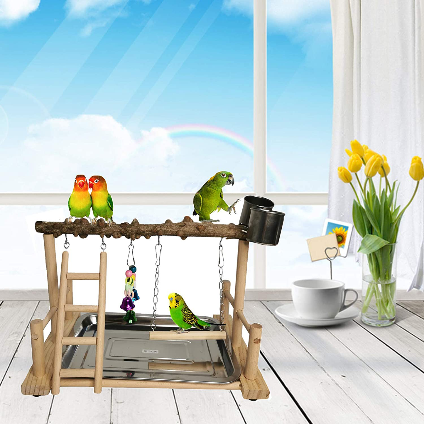 Hamiledyi Parrot Playground Bird Playstand Wood Exercise Play Perch Exercise Gym with Feeder Cups Toys Cockatiel with Ladder Hanging Swing for Pet Conure Lovebirds Life Activity Center Training Stand Animals & Pet Supplies > Pet Supplies > Bird Supplies > Bird Gyms & Playstands Hamiledyi   