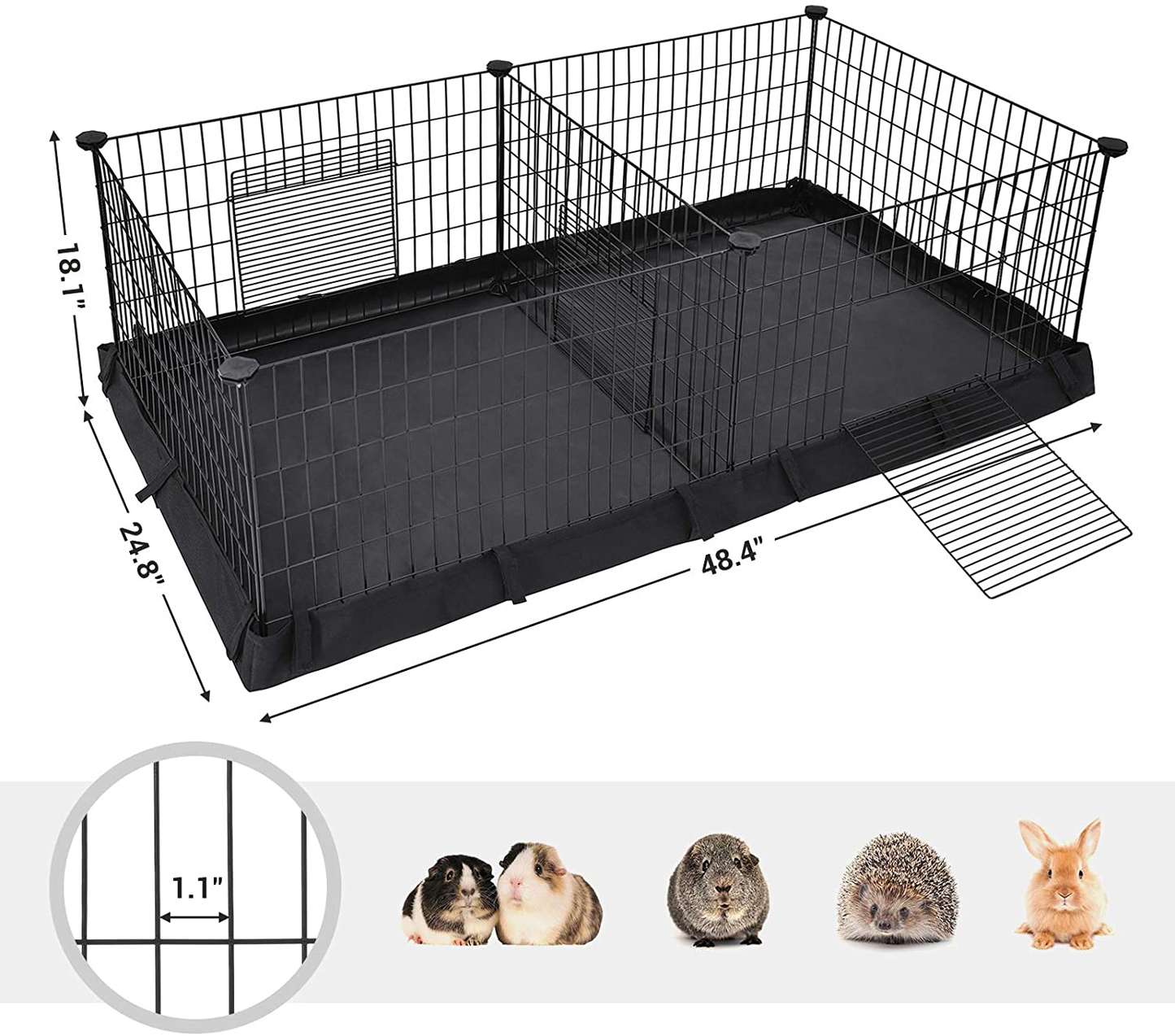 SONGMICS Guinea Pig Playpen, Small Animal Cage, Exercise Pen and Enclosure with Divider Panel for 2 Separate Spaces, Floor Mat and 3 Doors, 48.4 X 24.8 X 18.1 Inches, Black ULPI07H