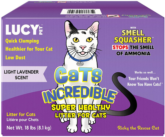 Lucy Pet Cats Incredible 18 Lb Box Clumping Cat Litter Recyclable Box with Smell Squasher, Absorbent Natural Clay Formula Prevents Ammonia Smell Build-Up, Light Lavender Scent