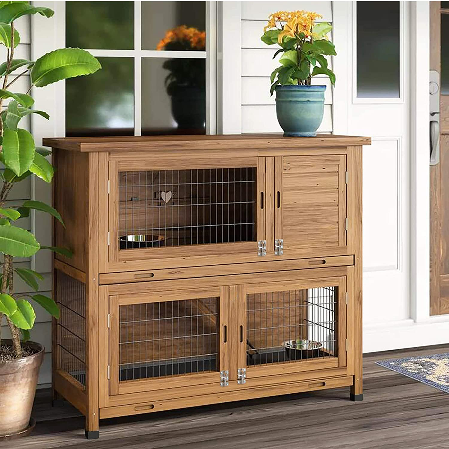 Lovupet Rabbit Hutch Cage with Pull Out Tray, 2 Story Indoor Outdoor Wooden Bunny Cage, Rabbit House with Run Ramp for Guinea, Habitat, Small Animals Pets, 1029 Animals & Pet Supplies > Pet Supplies > Small Animal Supplies > Small Animal Habitats & Cages Lovupet   