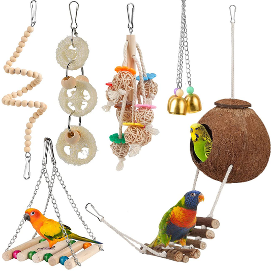 Bird Parakeet Toy Bird Cage Hammock Bird Perch Natural Coconut Hideaway with Ladder Swing Chewing Hanging Bell Toy with Mirror for Parrots,Parakeet,Conure,Cockatiel,Budgerigar,Love Birds,Mynah,Finches