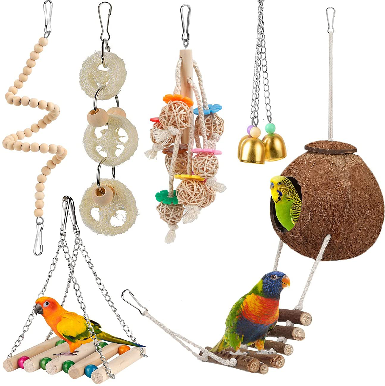 Bird Parakeet Toy Bird Cage Hammock Bird Perch Natural Coconut Hideaway with Ladder Swing Chewing Hanging Bell Toy with Mirror for Parrots,Parakeet,Conure,Cockatiel,Budgerigar,Love Birds,Mynah,Finches Animals & Pet Supplies > Pet Supplies > Bird Supplies > Bird Cage Accessories lovyoCoCo   