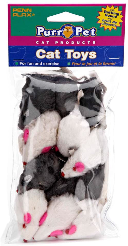 Penn Plax Play Fur Mice Cat Toys – Mixed Bag of 12 Play Mice with Rattling Sounds – 3 Color Variety Pack - CAT531, Black and White