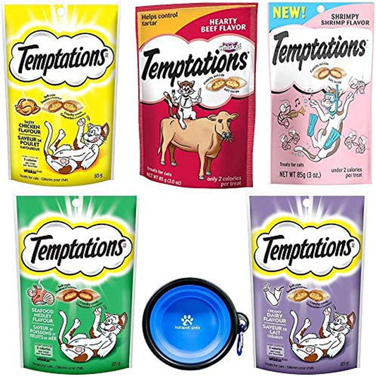 Temptations Classics Tasty Snack Treats for Cats -Feline Variety Bundle 5 Pack (Chicken, Hairball, Shrimp, Diary, Beef Flavors) with Hotspot Pets Collapsible Bowl
