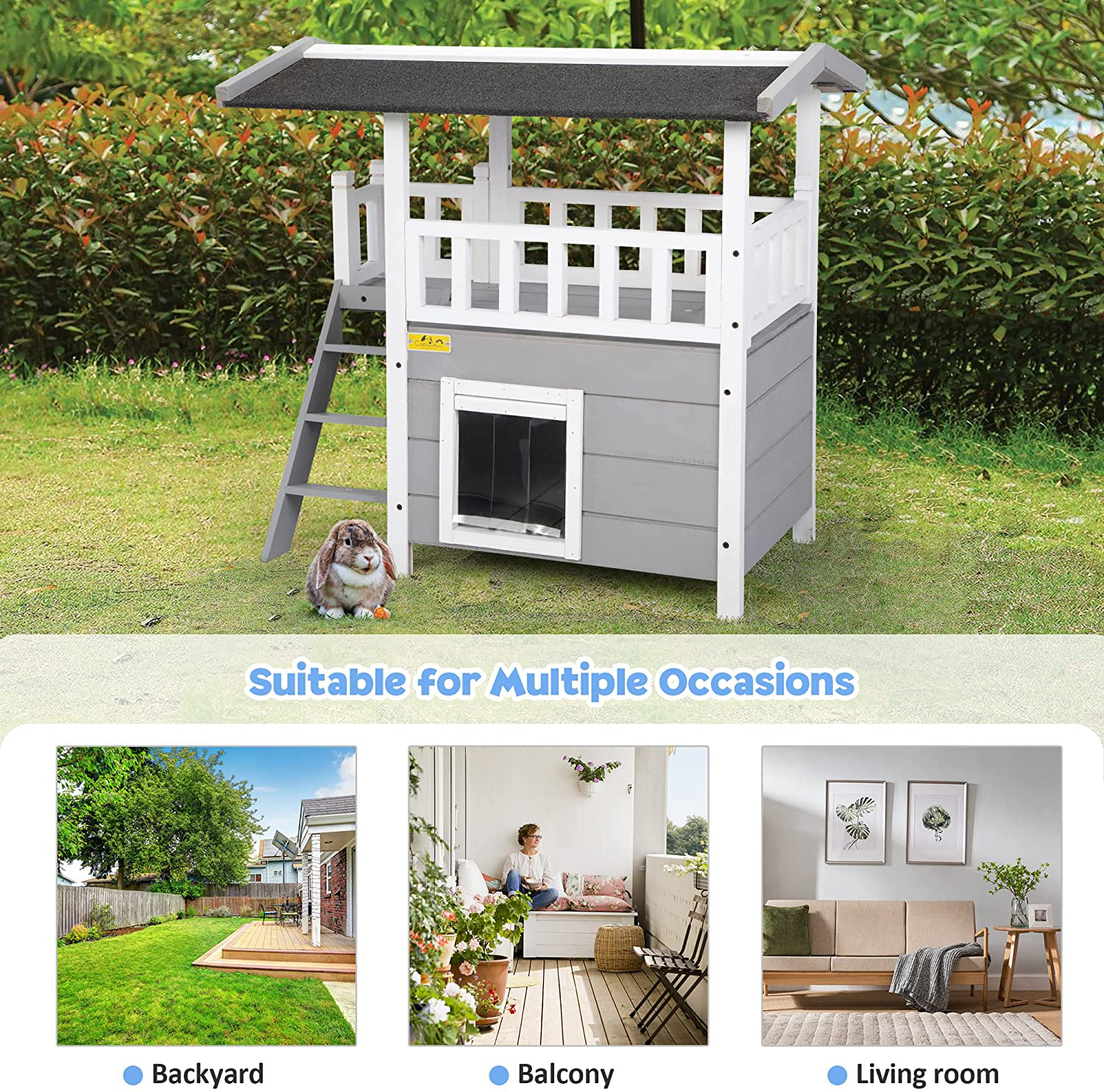 COZIWOW Small Dog/Cat Houses& Habitat Indoor Outdoor Waterproof, Wood Pet Furniture, Wooden Rabbit/Cat Hut Shelter for Cat Kitten Bunny Puppy with Stairs Balcony