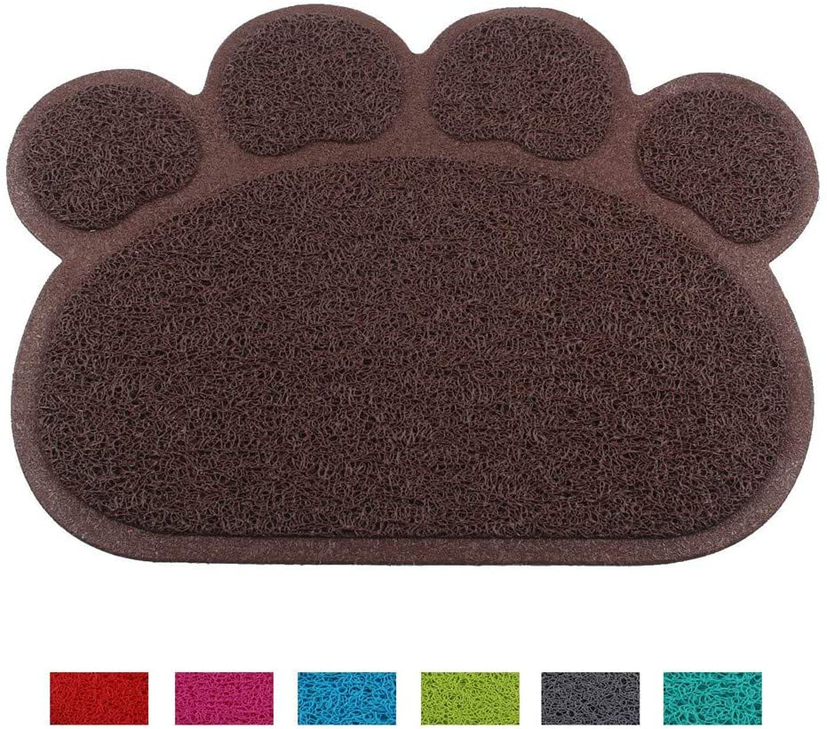 Optokeko Cat Dish Bowl Food Water Feeding Placemat, PVC Non-Slip Cat Litter Trapping Mat Paw Shape for Cat Litter Boxes Pet Dog Cat Puppy Kitten 15.7" X 11.8" (Brown)