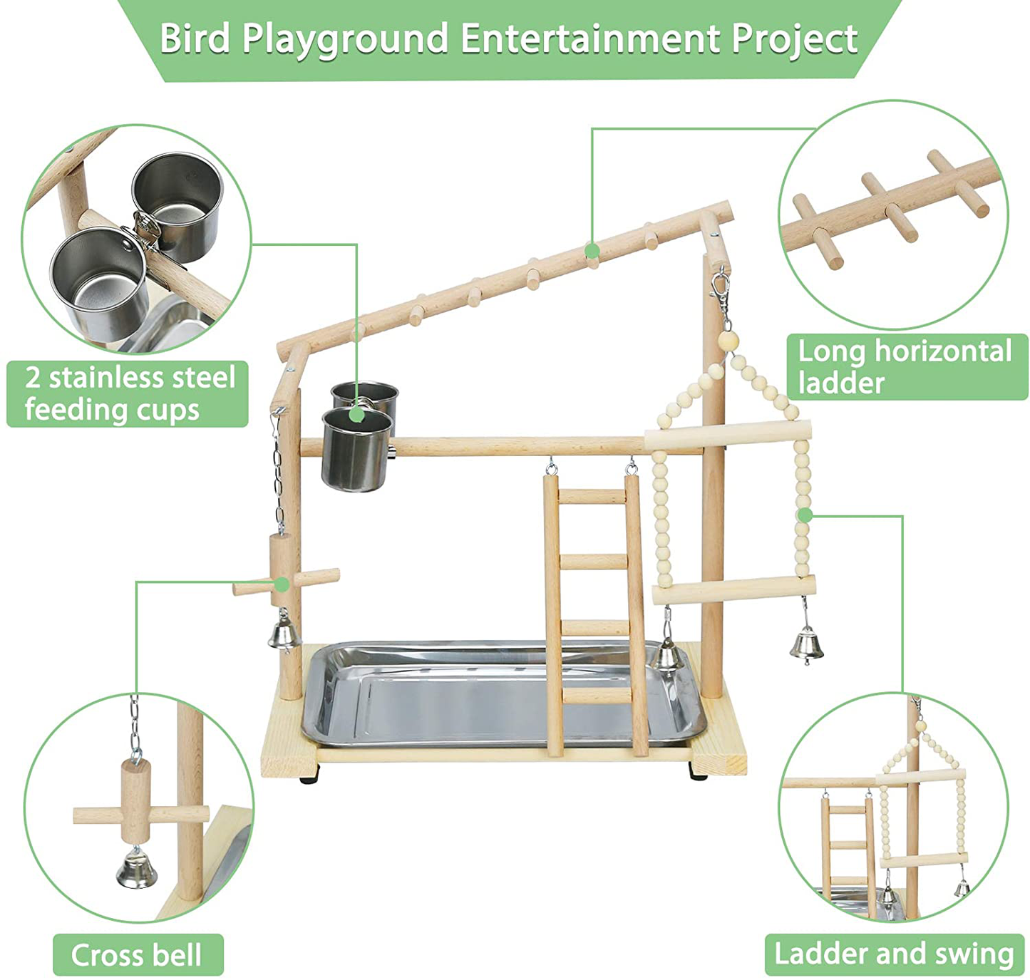 Creproly Parrot Playstand Bird Playground Birdcage Wood Perch Stand Ladder Swing with with Feeder Cups Birds Play Gym Cockatiel Playground Include Hanging Bell Swing Ladders Animals & Pet Supplies > Pet Supplies > Bird Supplies > Bird Gyms & Playstands Creproly   