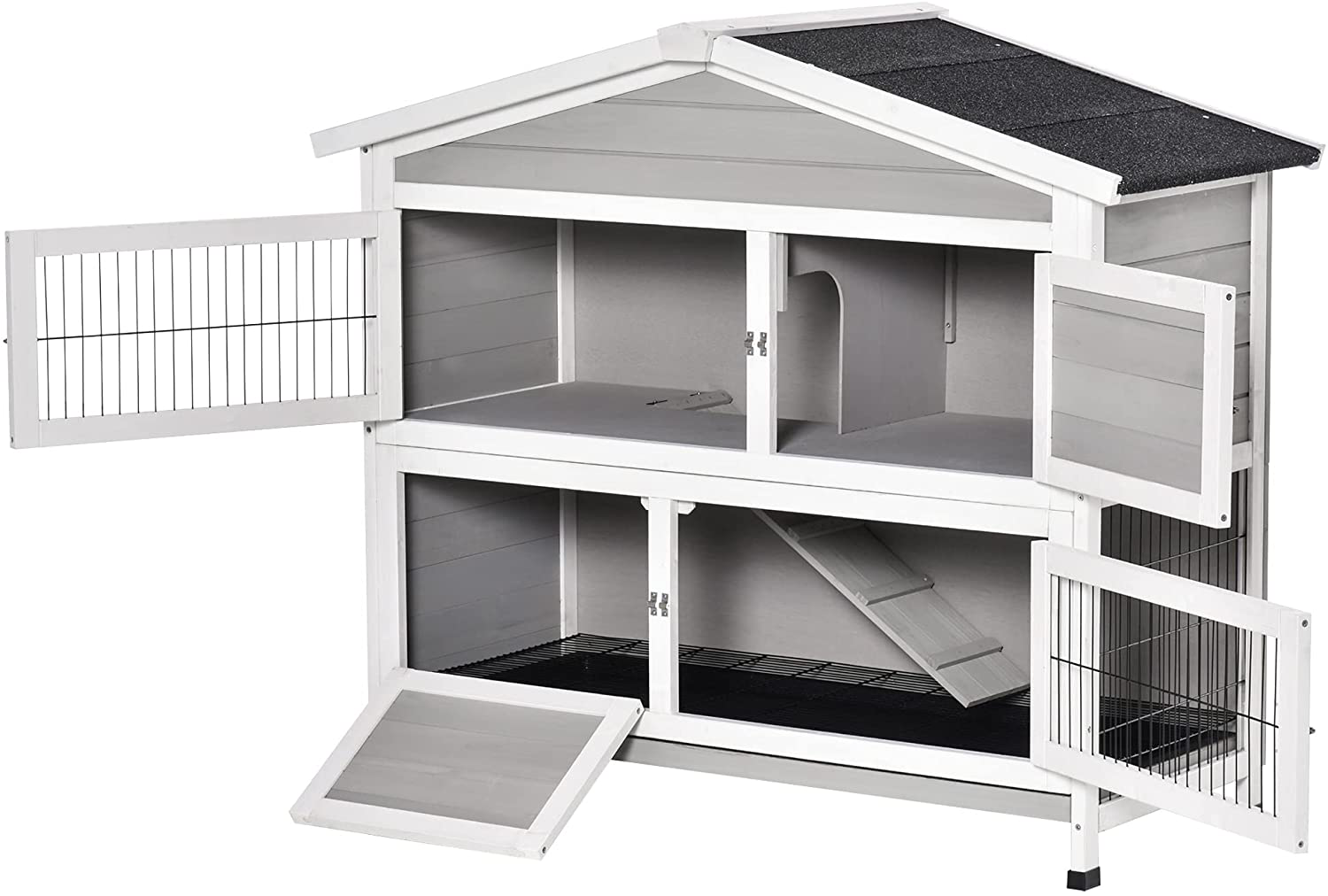 Pawhut 48" 2-Floor Large Rabbit Hutch Wooden Pet House Multi-Door Bunny Cage Small Animal Habitat with Ramp Slide-Out Tray Run Area Asphalt Roof Light Grey Animals & Pet Supplies > Pet Supplies > Small Animal Supplies > Small Animal Habitats & Cages PawHut   