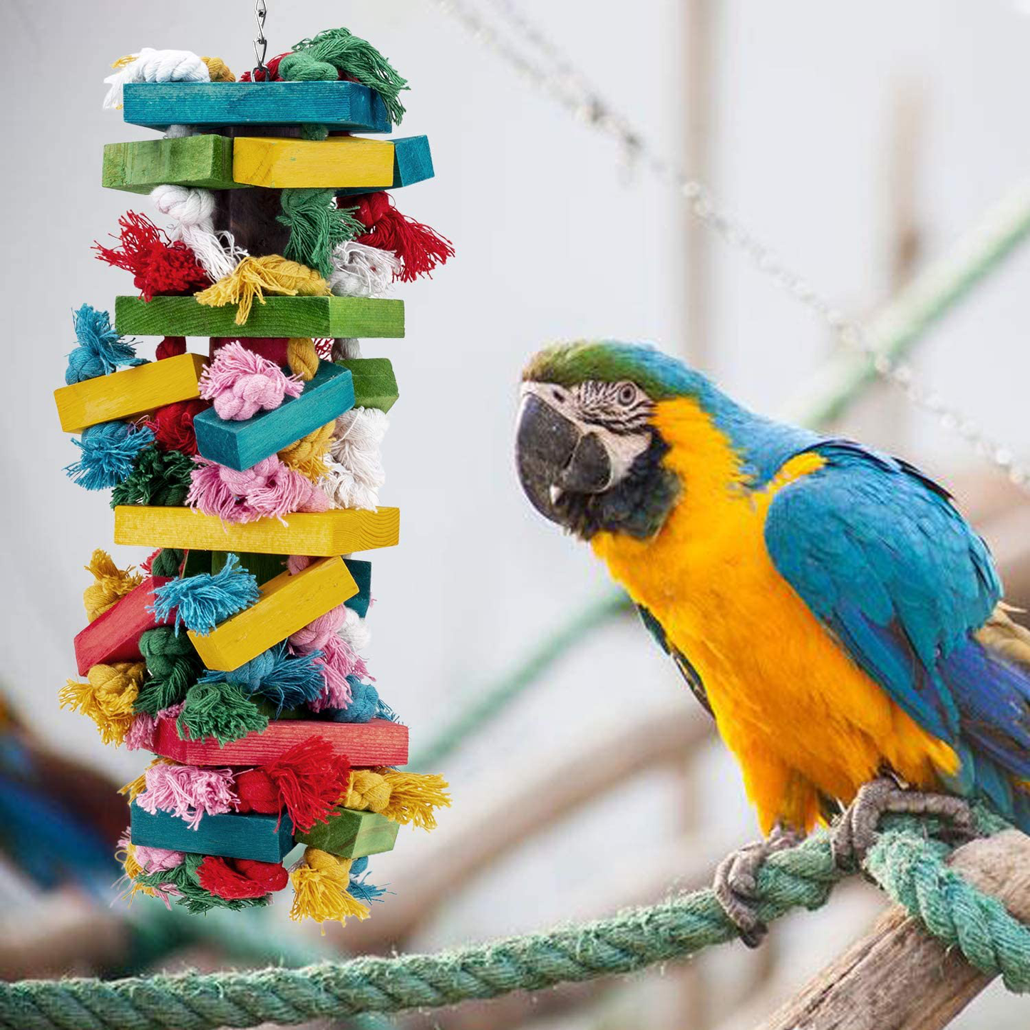 RAINBOWPK Natural Wooden Chewing Bird Toys for Parrots, Multi-Colored Hanging Shredding Toys for Medium and Small Parrots, Parakeets, Conures, Cockatiels, Macaws, Cockatoos and Birds Animals & Pet Supplies > Pet Supplies > Bird Supplies > Bird Toys RAINBOWPK   