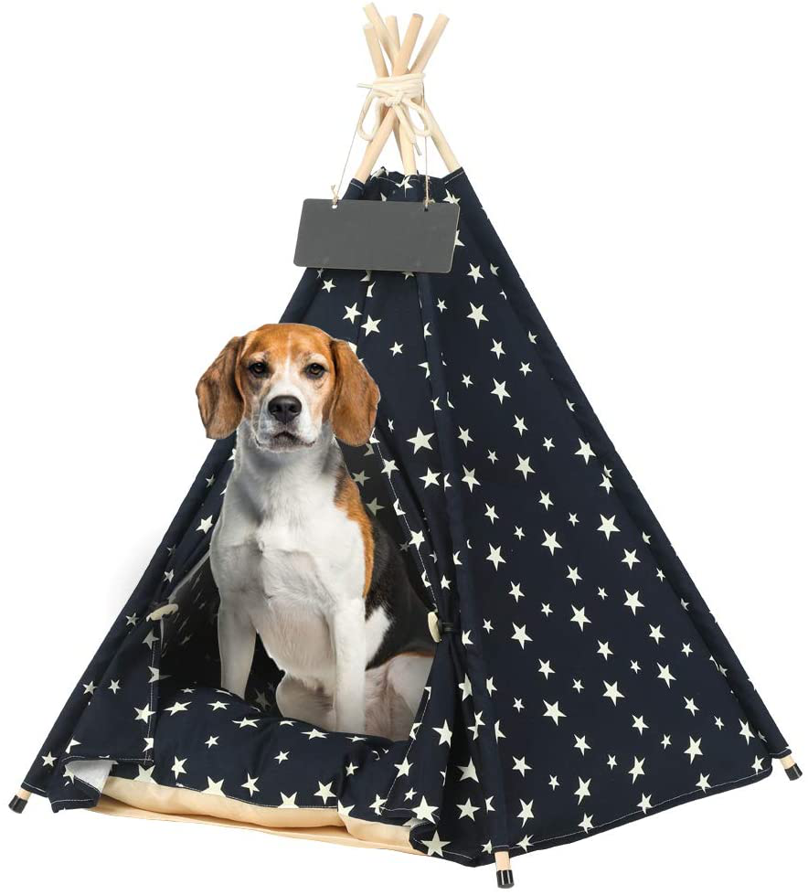 EMUST Pet Teepee, Large Dog Teepee Bed with Thick Cushion, 28 Inch Tall, Portable Washable Teepee Tent for Dogs Puppy, Cat and Rabbits, for Pets up to 33Lbs Animals & Pet Supplies > Pet Supplies > Dog Supplies > Dog Houses EMUST Star-Navy  