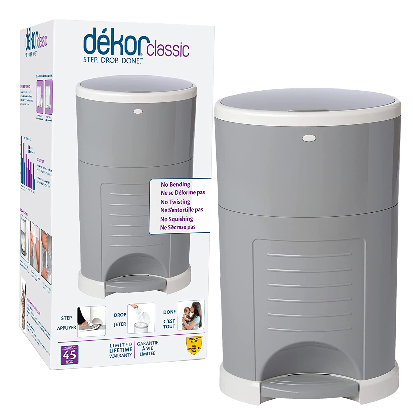 Dekor Classic Hands-Free Diaper Pail | Gray | Easiest to Use | Just Step – Drop – Done | Doesn’T Absorb Odors | 20 Second Bag Change | Most Economical Refill System Animals & Pet Supplies > Pet Supplies > Dog Supplies > Dog Diaper Pads & Liners DEKOR Gray  