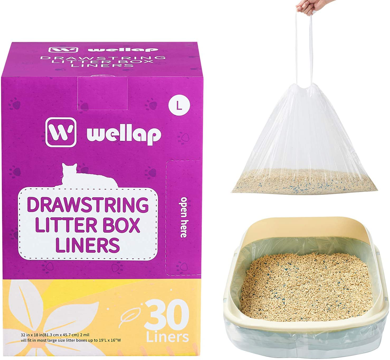 Wellap Cat Litter Box Liners Jumbo (43" X 21" Etc. 8 Sizes) Durable 30/40 Count Drawstring Kitty Litter Bags