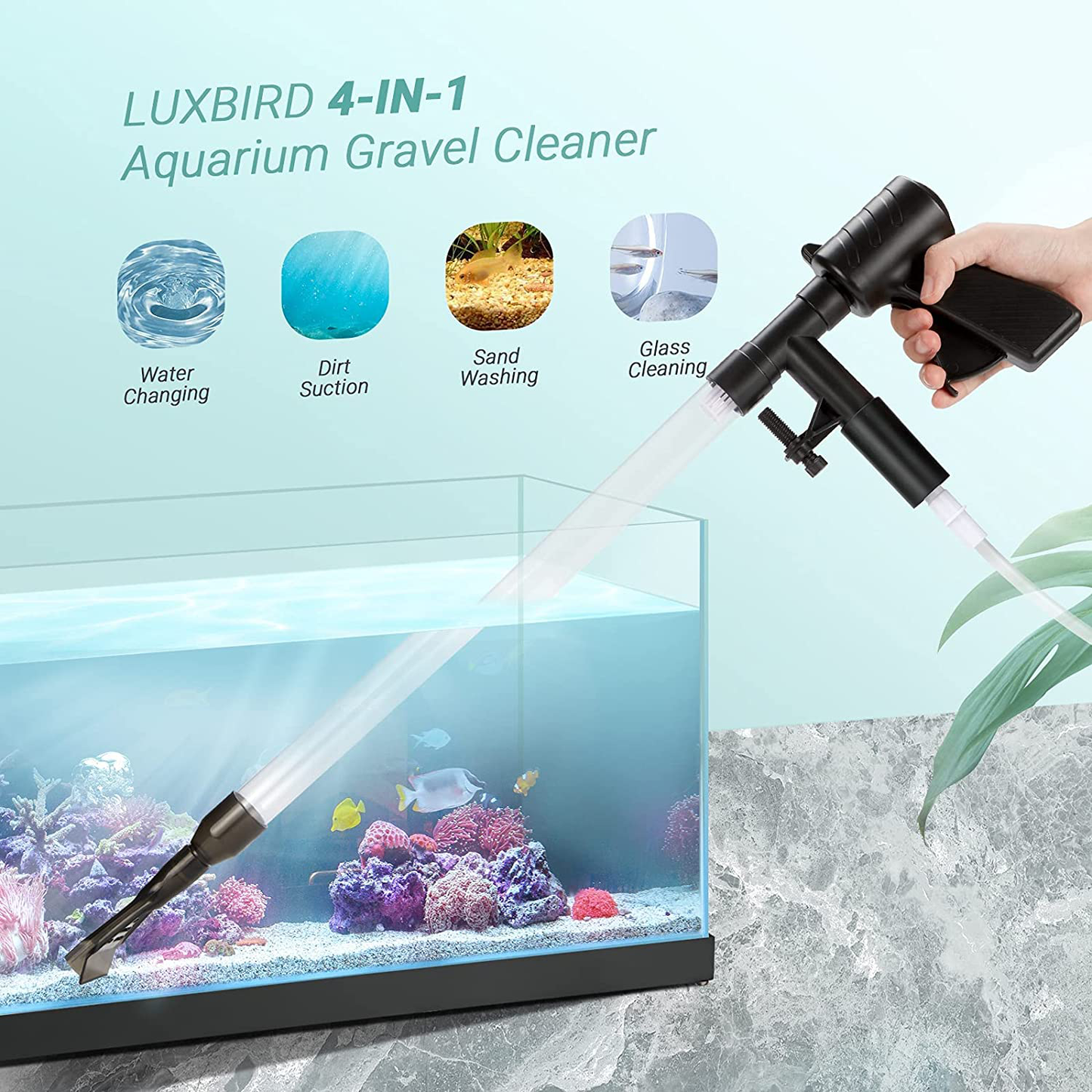 Luxbird Aquarium Gravel Cleaner New Quick Water Changer with Air-Pressure Button Fish Tank Sand Cleaner Kit Long Nozzle Water Hose Controller Clamp for Aquarium Cleaning Gravel and Sand