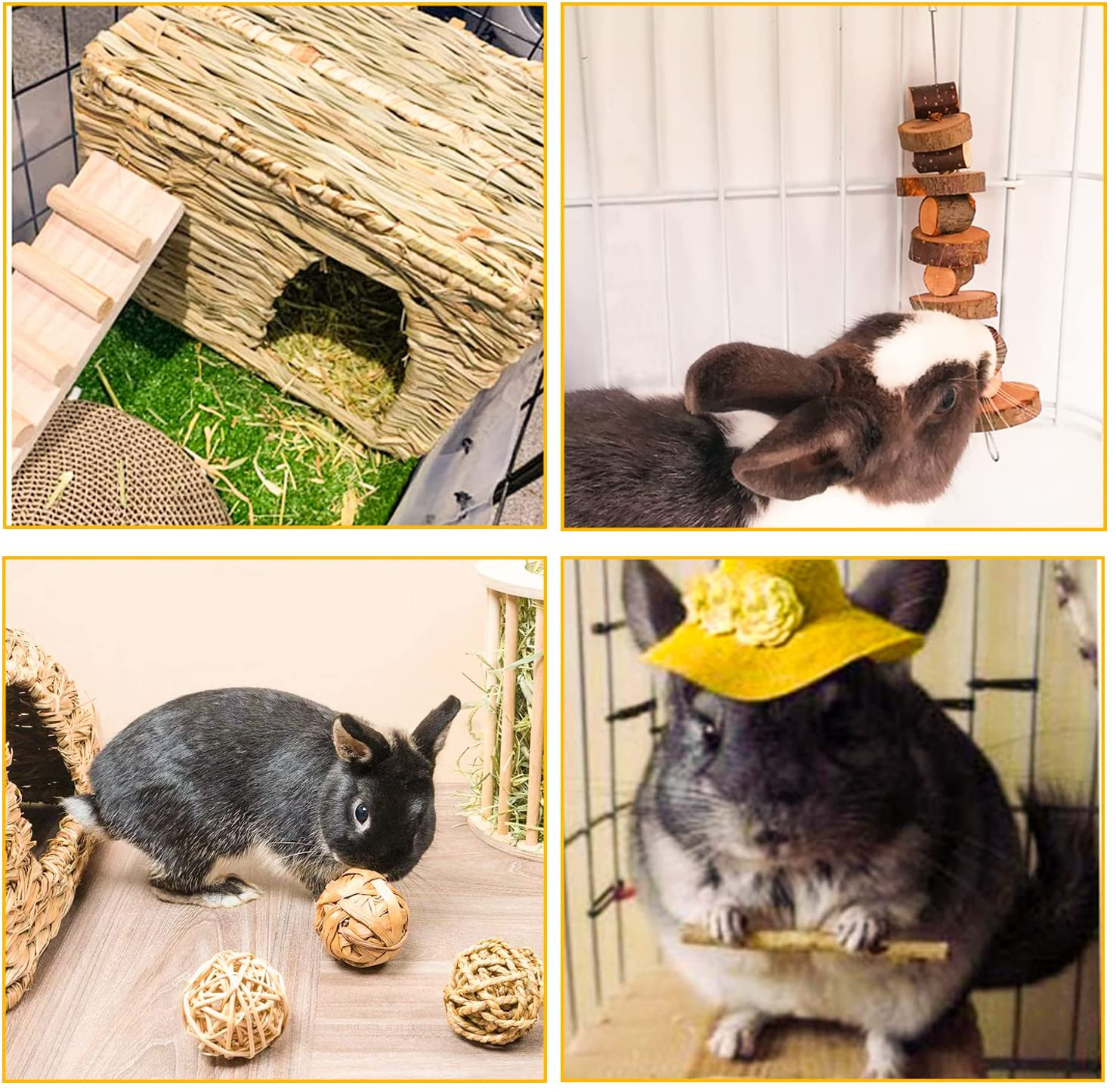 HERCOCCI Grass House for Bunny, Natural Handmade Grass Bed Hideaway Hut Mat with Chew Toys Accessories for Rabbit Bunny Guinea Pig Chinchilla Small Animal - Play and Rest