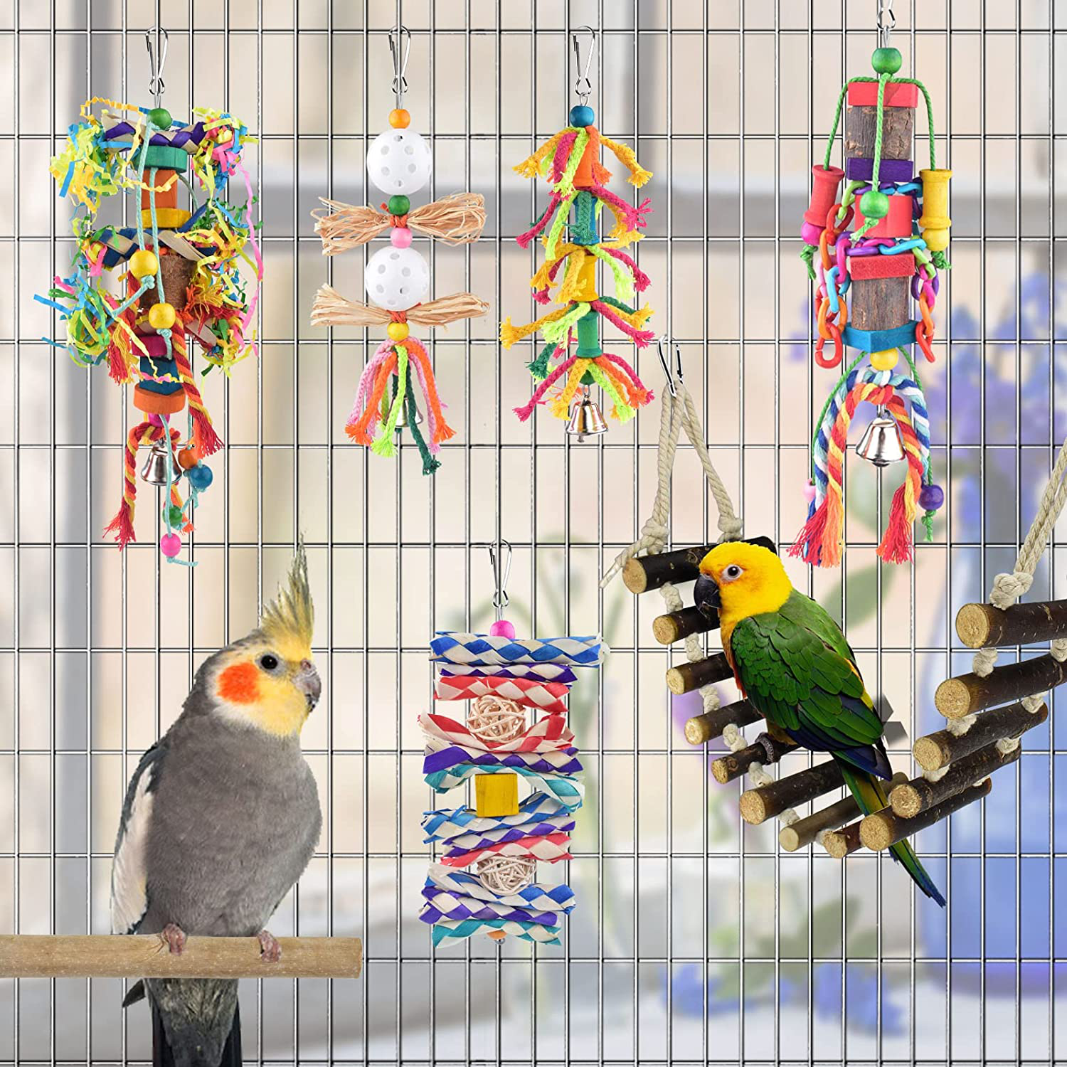 KATUMO Small Bird Toys, Natural Wood Ladder Colorful Bamboo Hanging Shredding Toys Parrot Chew Wooden Blocks Bird Perch for Parakeets, Conures, Cockatiels, Budgies, Love Birds and Other Small Birds Animals & Pet Supplies > Pet Supplies > Bird Supplies > Bird Ladders & Perches KATUMO   