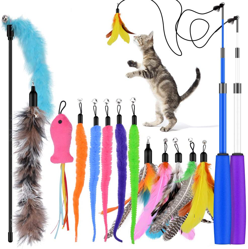 Oziral Cat Teaser, 15PCS Retractable Cat Toy Feather Teaser Cat Toy Cat Wand Feather Interactive Toys with Bells and Feather Refills Set for Indoor Cat and Kitten Exercise Animals & Pet Supplies > Pet Supplies > Cat Supplies > Cat Toys Oziral   